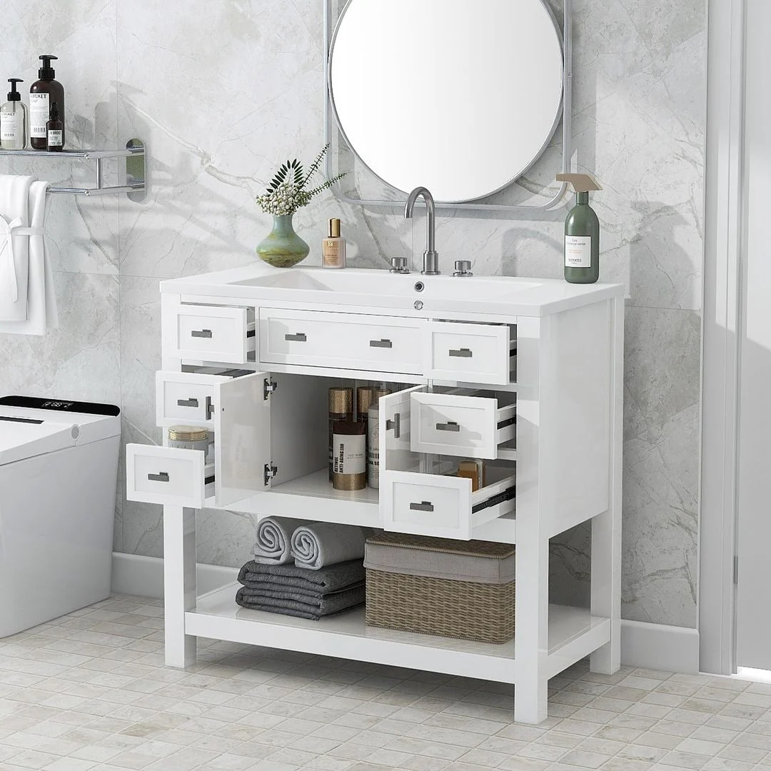 36'' Modern Bathroom Bathroom Vanity with Sink and 6 Drawers，2 Soft Closing Doors