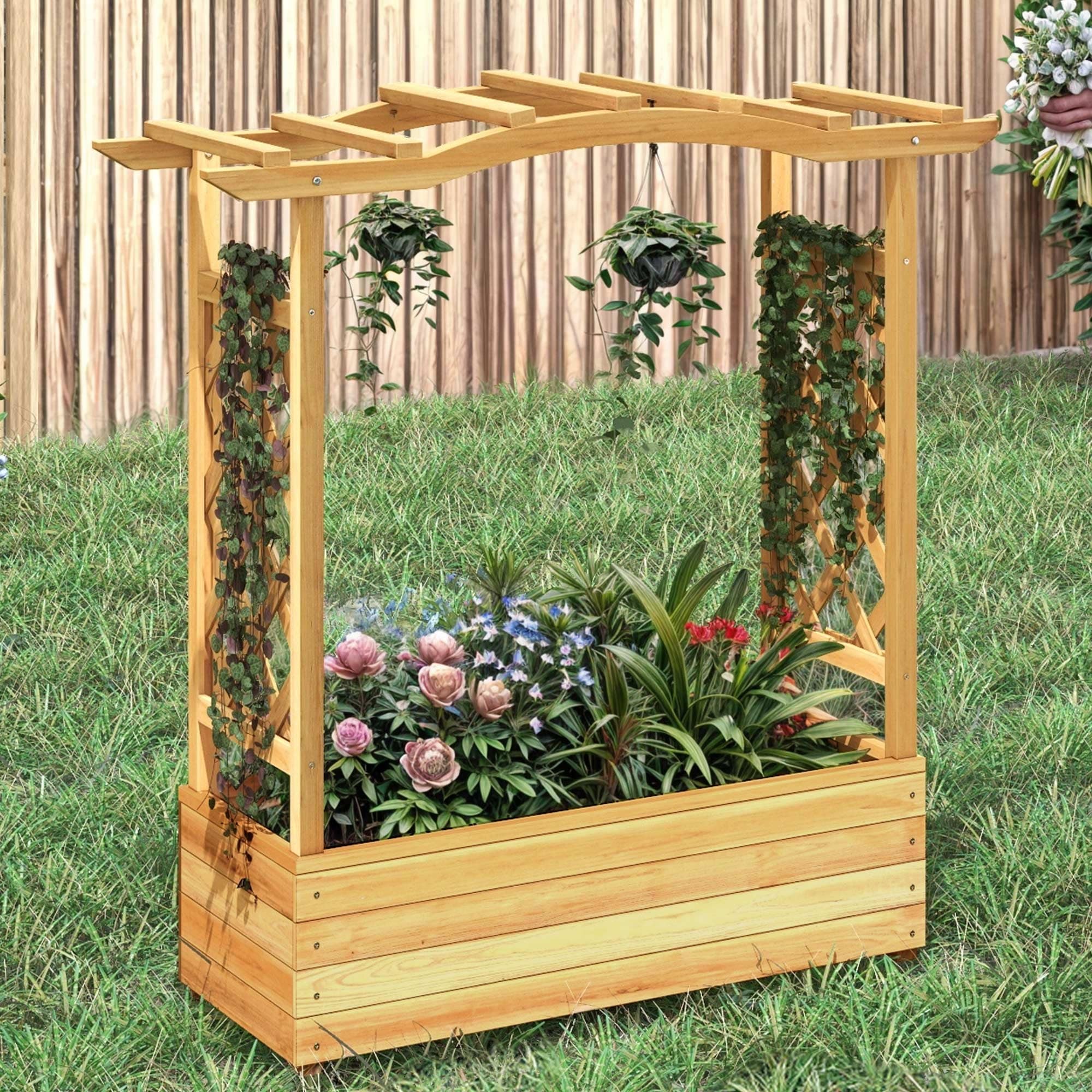 Moasis Outdoor Garden Solid Wood Planter Box with Arch Trellis,Free-Standing Planters Raised Bed for Climbing Plants