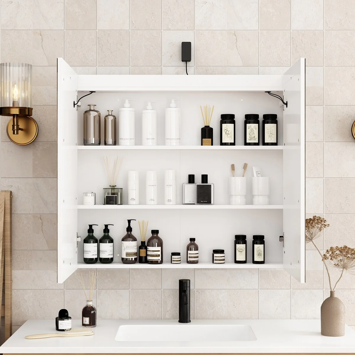 Bathroom Vanity with Ceramic Basin and Modern Medicine Cabinet Combo