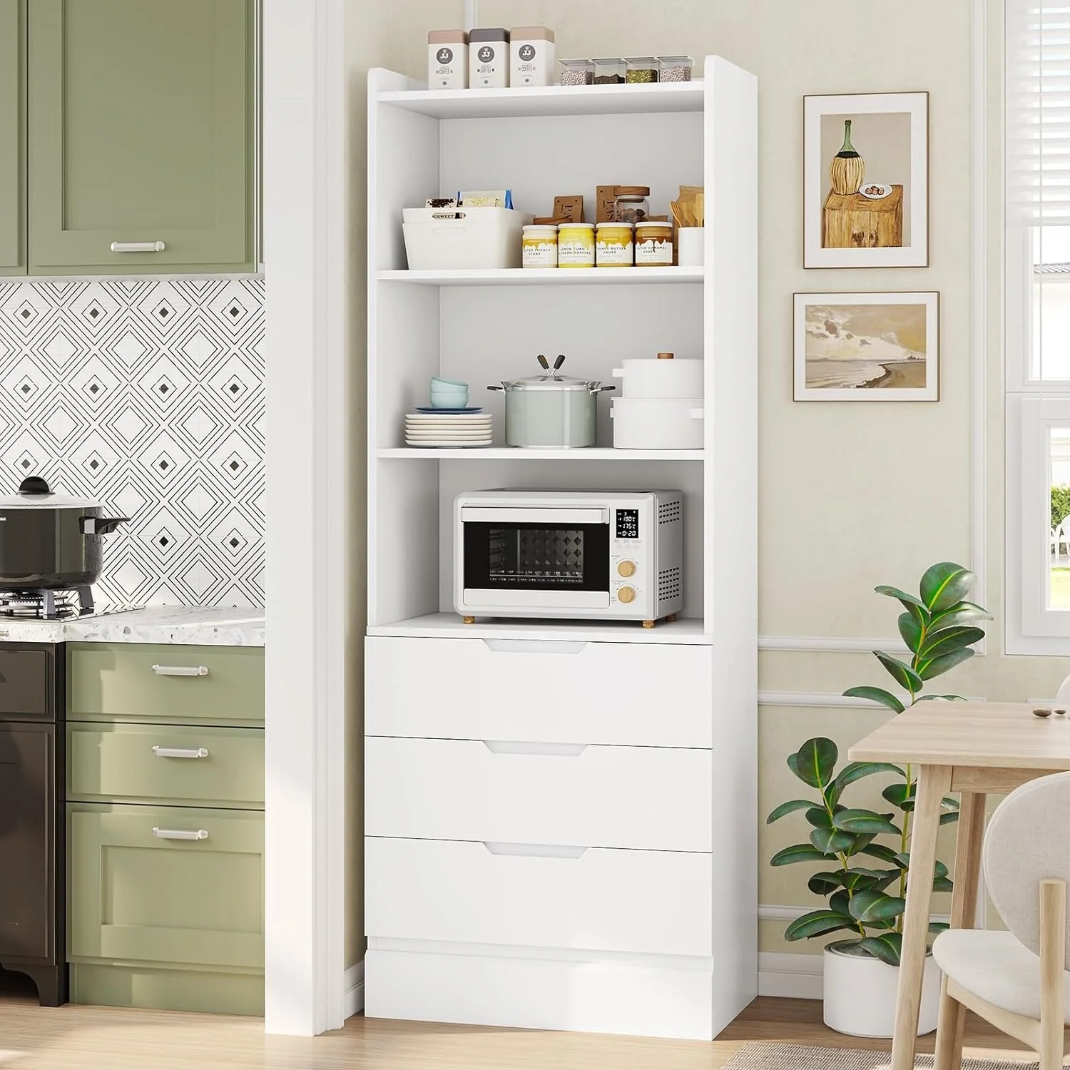 Kitchen Storage Cabinet Bookcase 3 Drawers Open Shelves - N/A