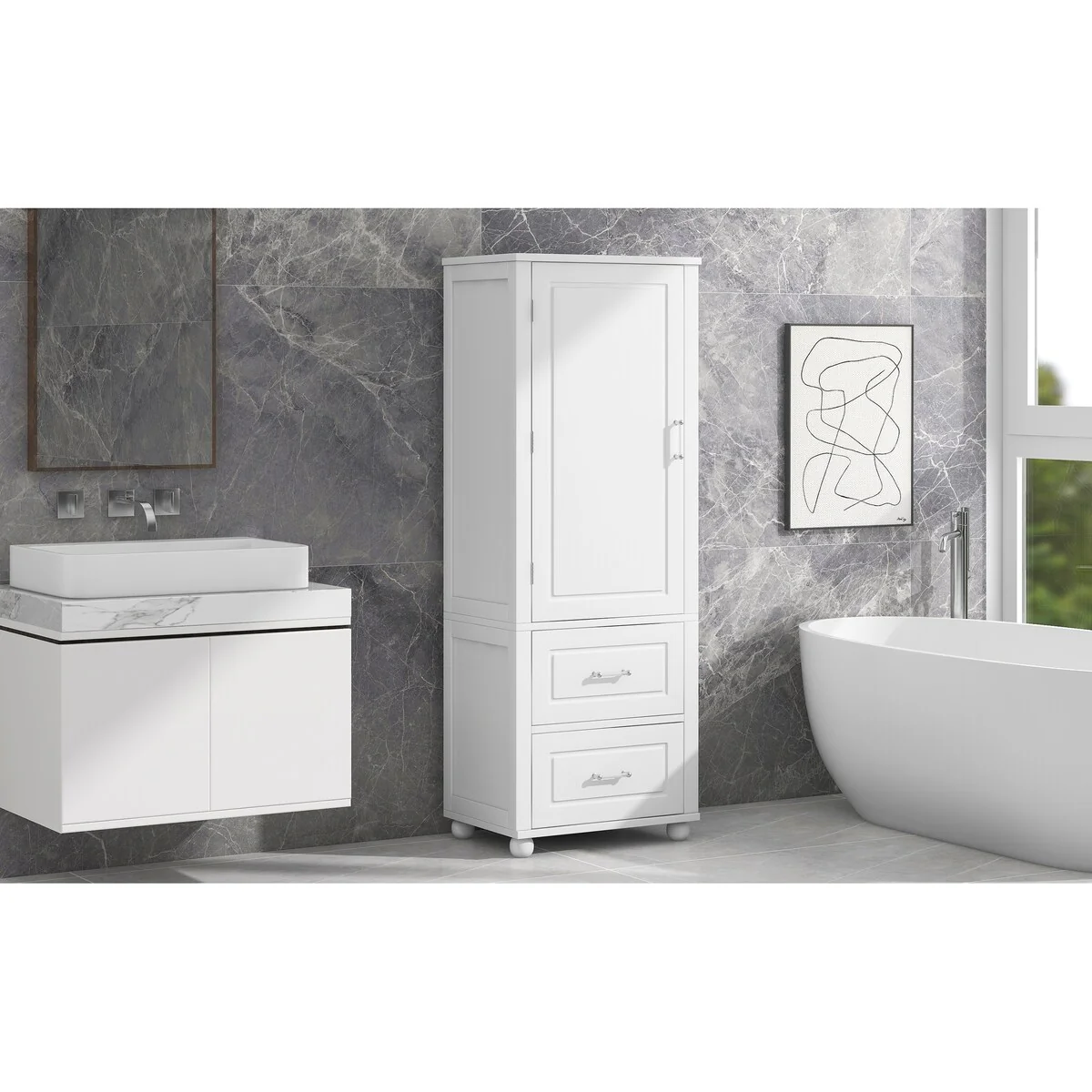 Freestanding Tall Bathroom Storage Cabinet with Door, 2 Drawers and Adjustable Shelf
