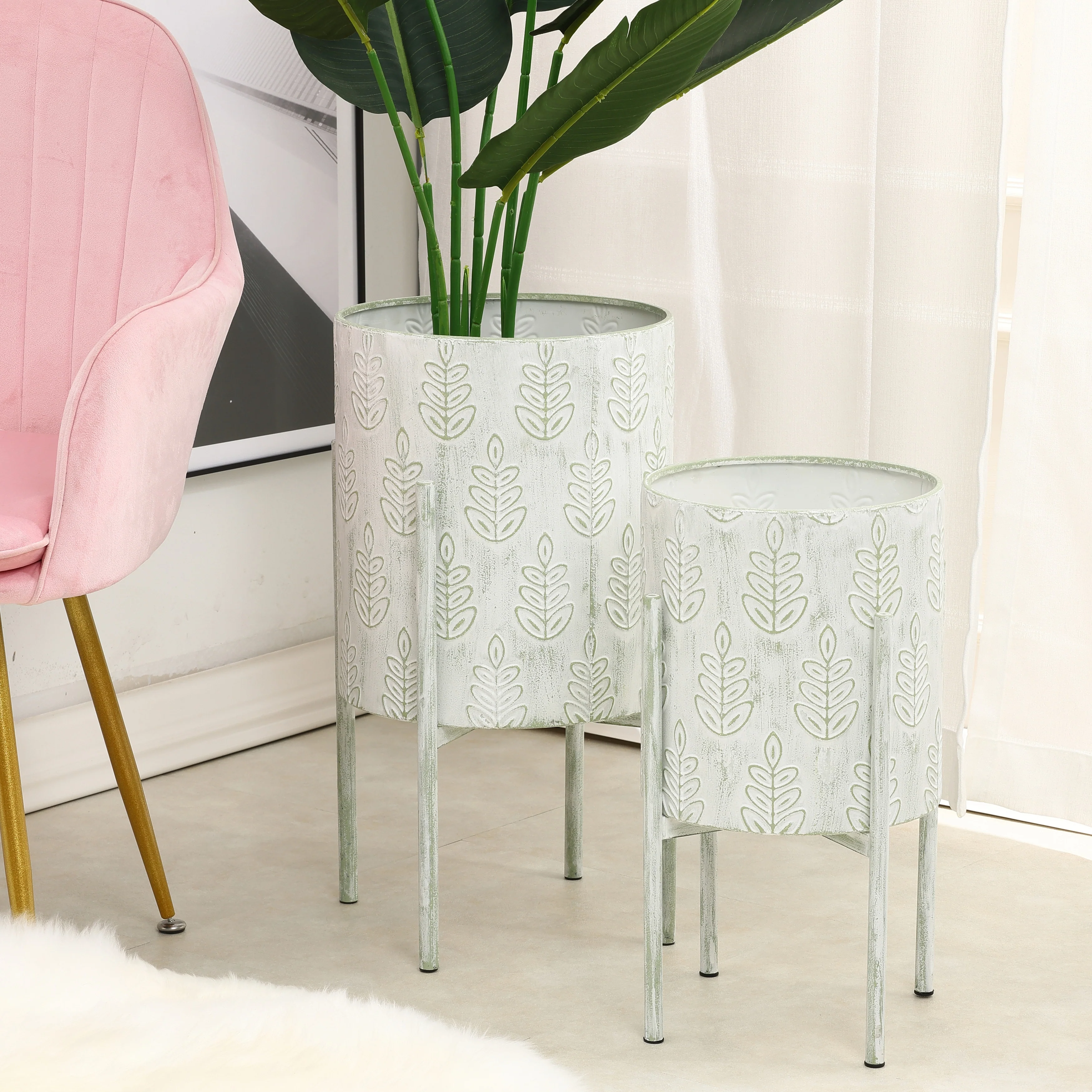 White and Sage Green Metal Leaf Cachepot Planters (Set of 2)