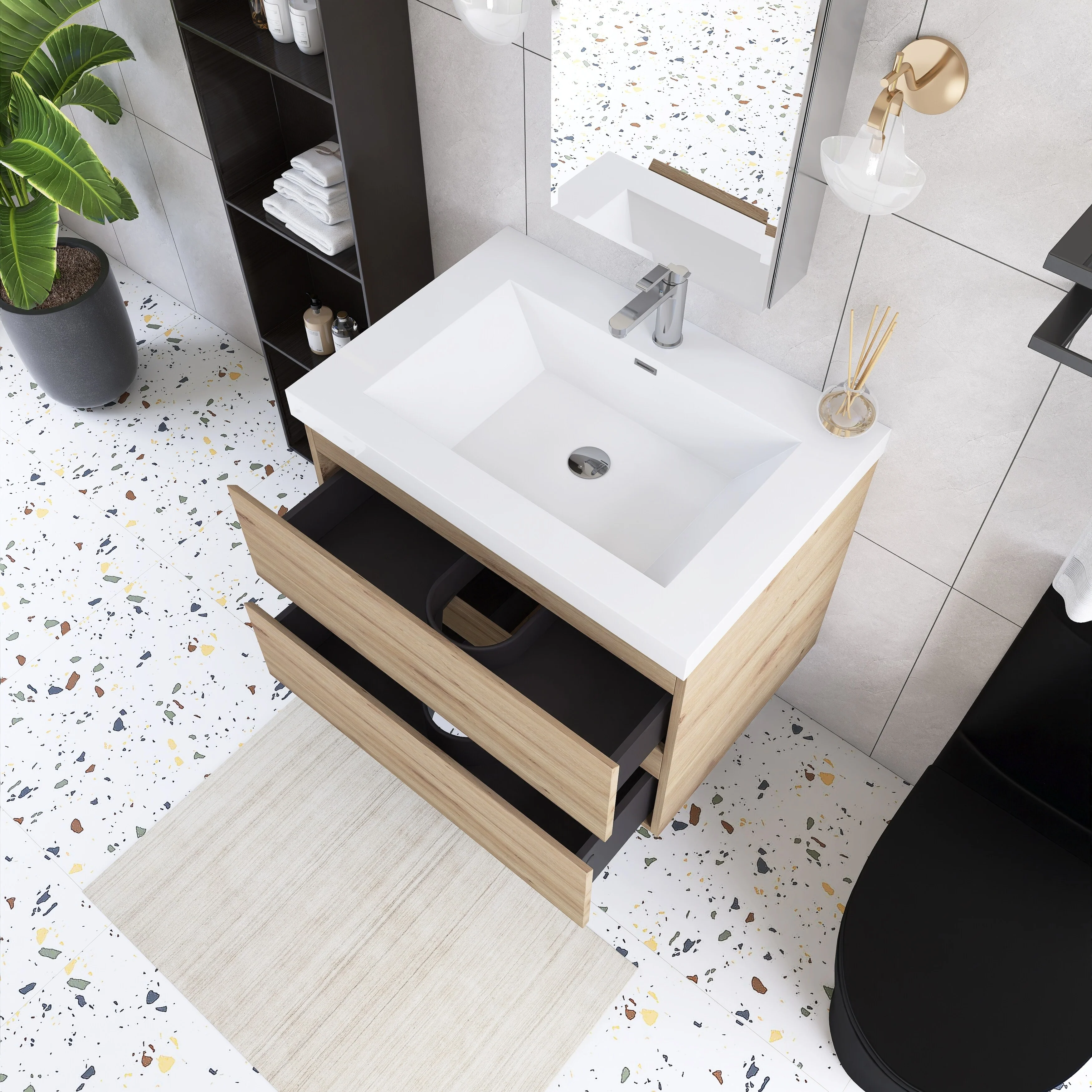Angela Wall Mounted Bathroom Vanity in F. Oak with White Cultured Marble Top
