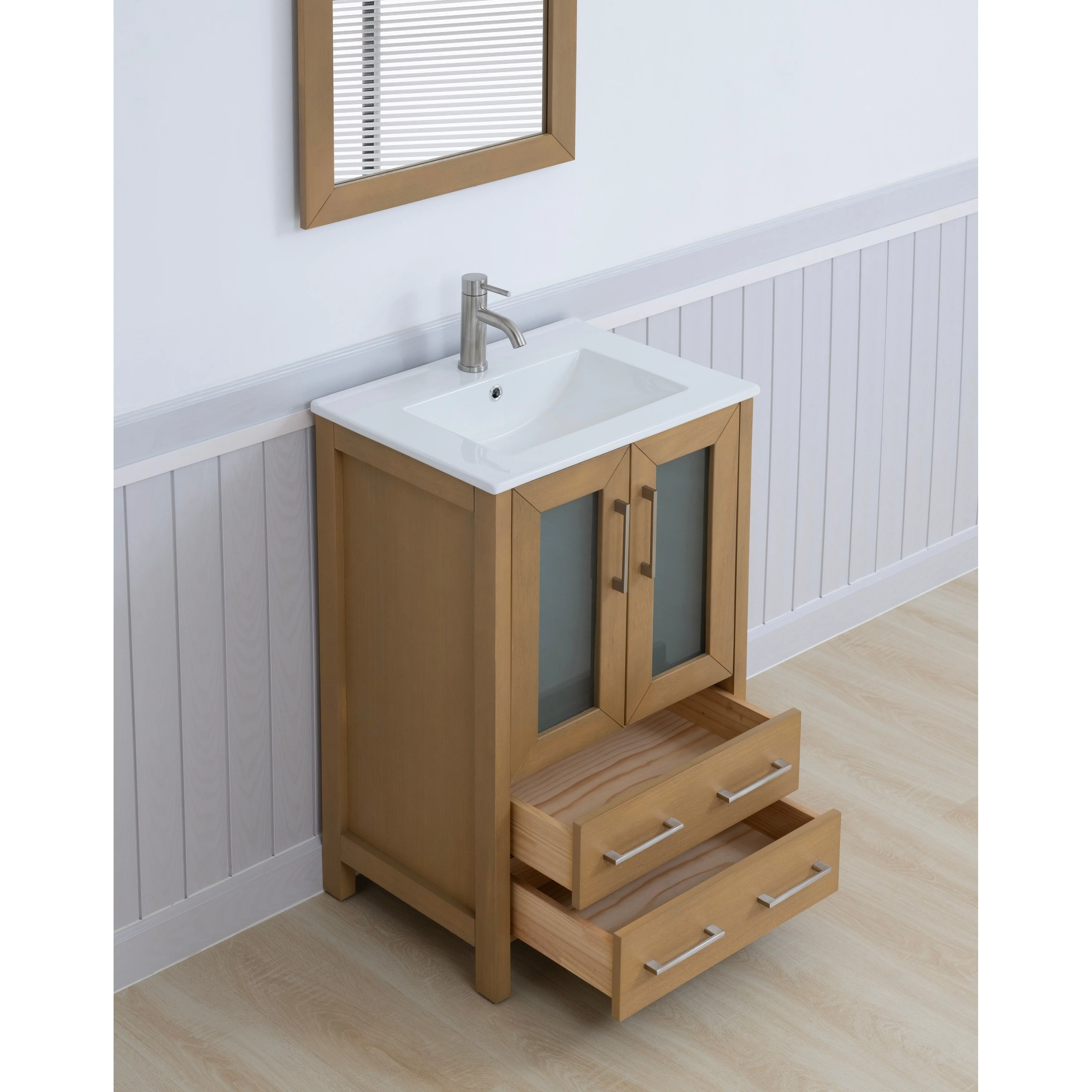 Vanity Art 24-Inch Single Sink Bathroom Vanity Set 2 Drawers, 1 Cabinet, 1 Shelf, Soft-Closing Doors with Free Mirror