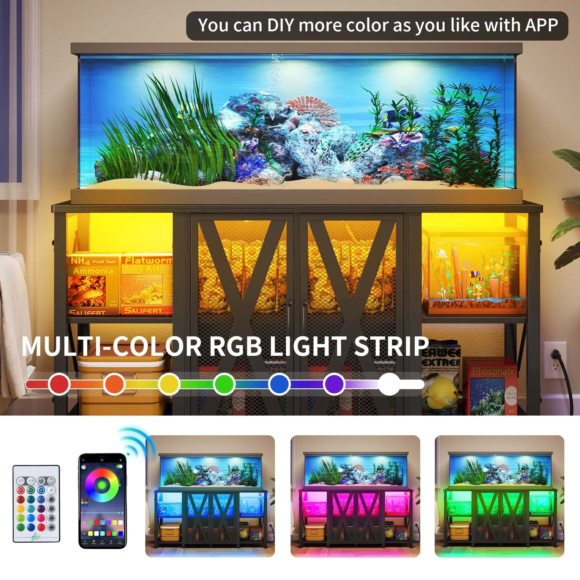 Moasis 75-120 Gallon Aquarium Stand with Power Outlet & LED Light,Heavy Duty Metal Fish Tank Stand