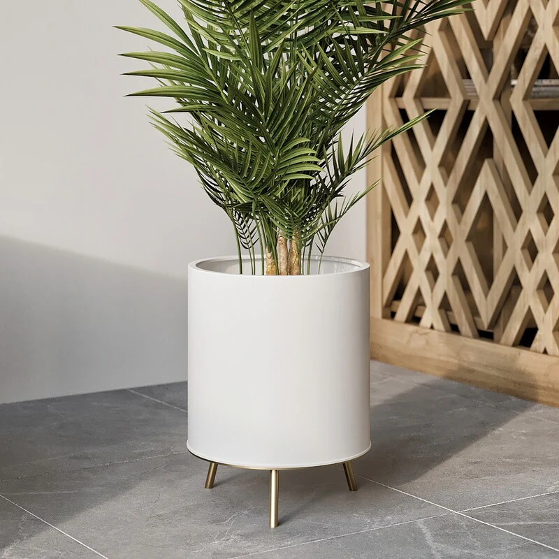 Raya White Mid-Century Modern Indoor Metal Pot Planter with 3-Leg Metal Base