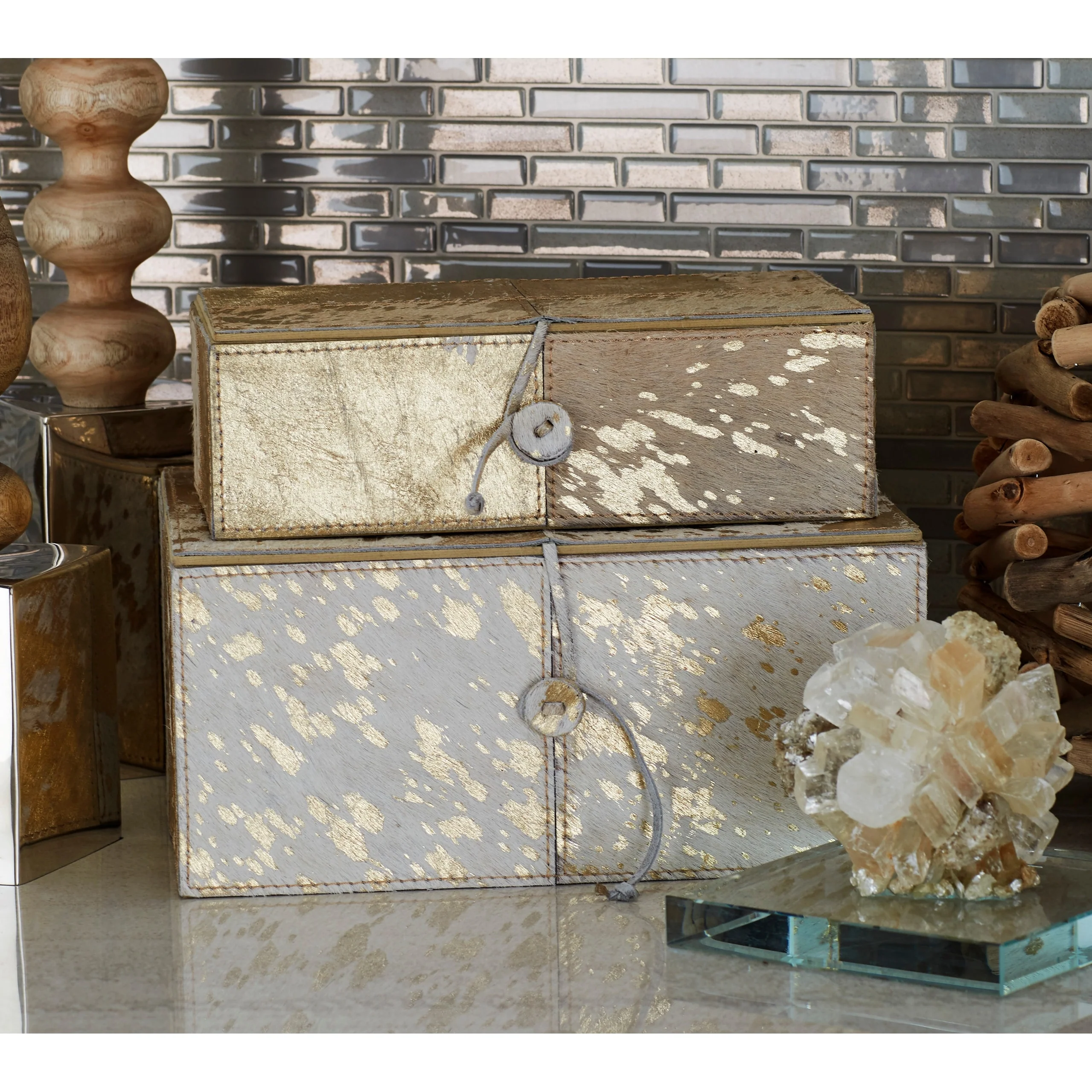 Benzara White and Gold Wood and Leather Decorative Boxes (Set of 2)