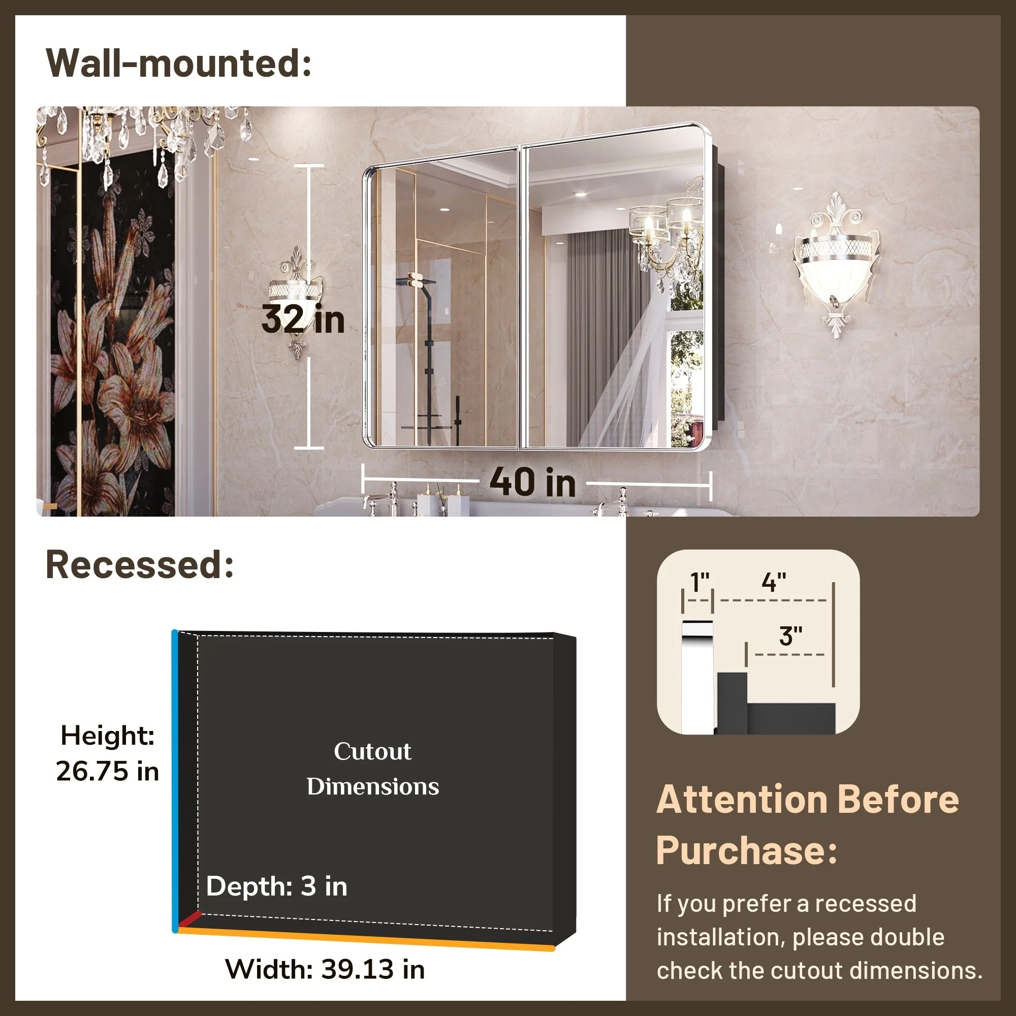 KEONJINN Medicine Cabinets for Bathroom with Mirror, Stainless Steel 1-3 Framed Doors