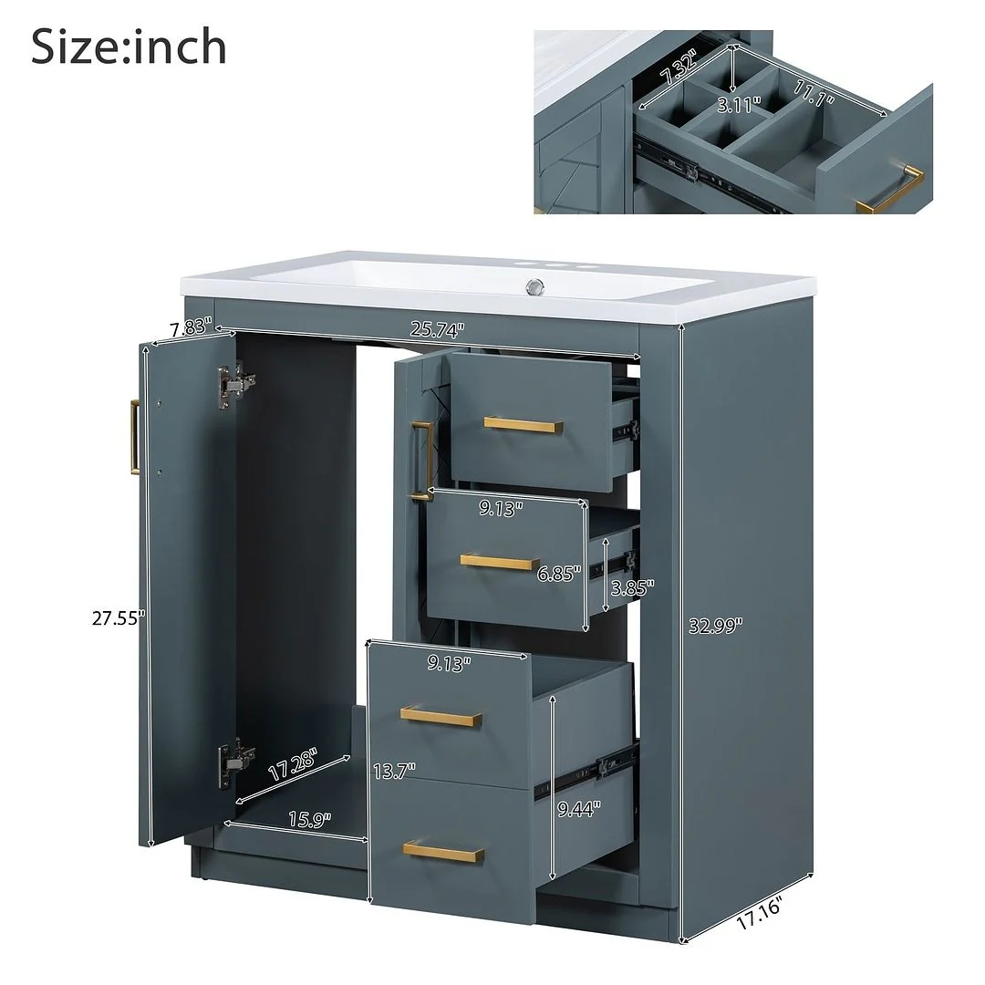 30'' Modern Freestanding Bathroom Vanity with Top Sink , Solid Wood Frame