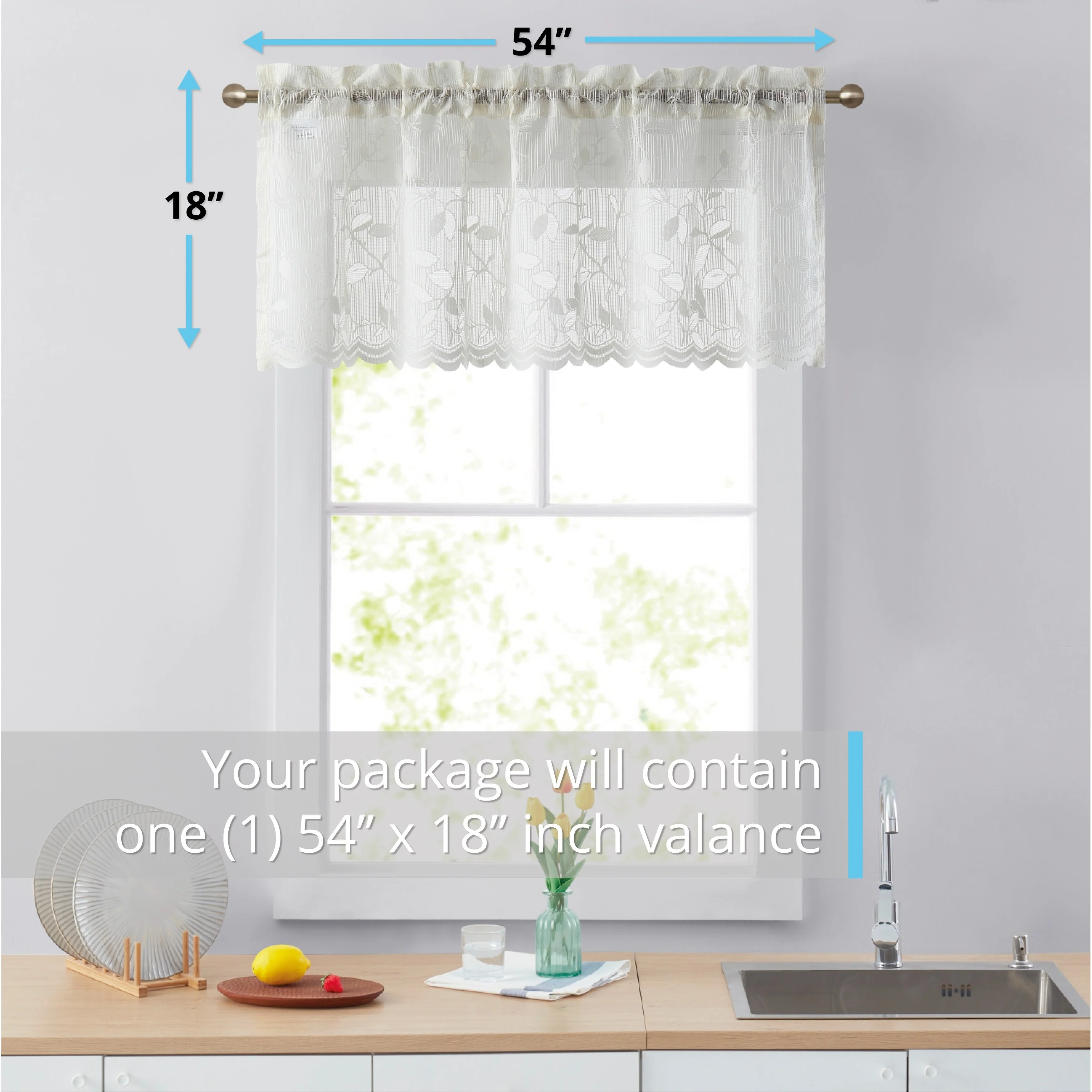 HLC.me Joyce Lace Sheer Kitchen Cafe Curtain Valance for Small Windows, Kitchen & Bathroom - 54 W x 18 L - Single Valance