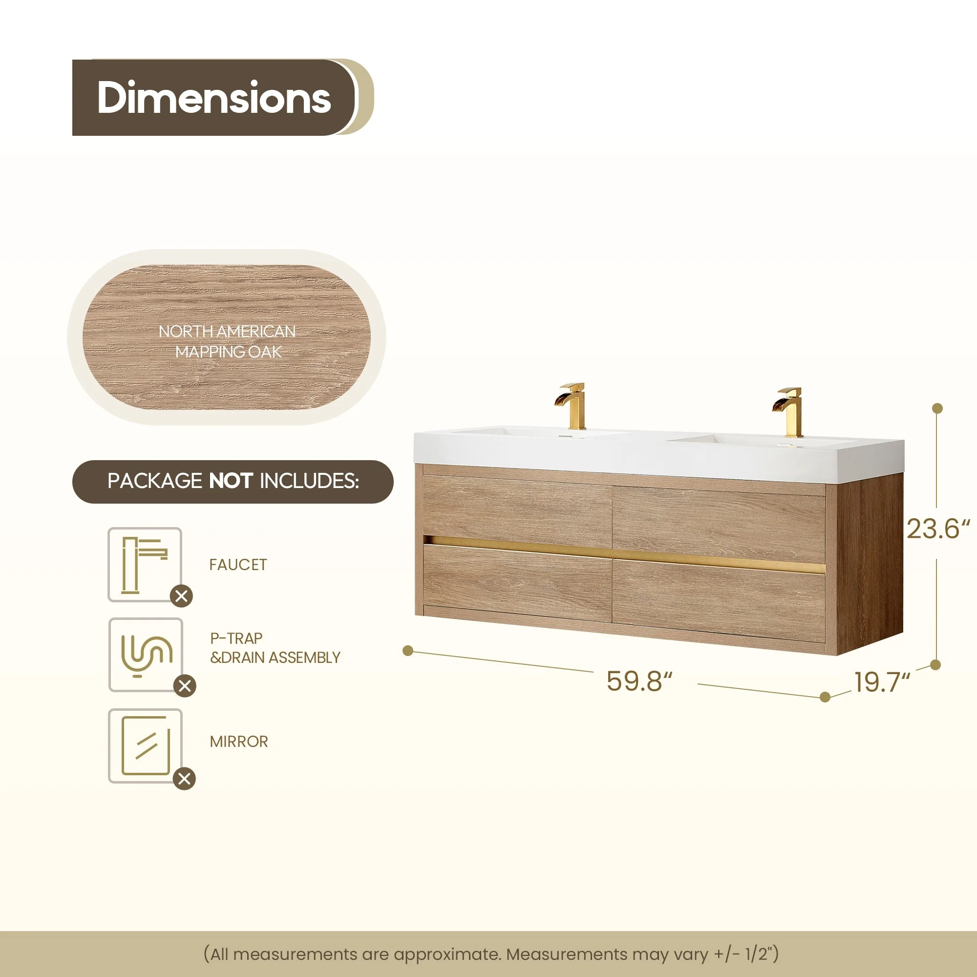 Palencia Double Floating Vanity with White Sink Top without Mirror - 60in.