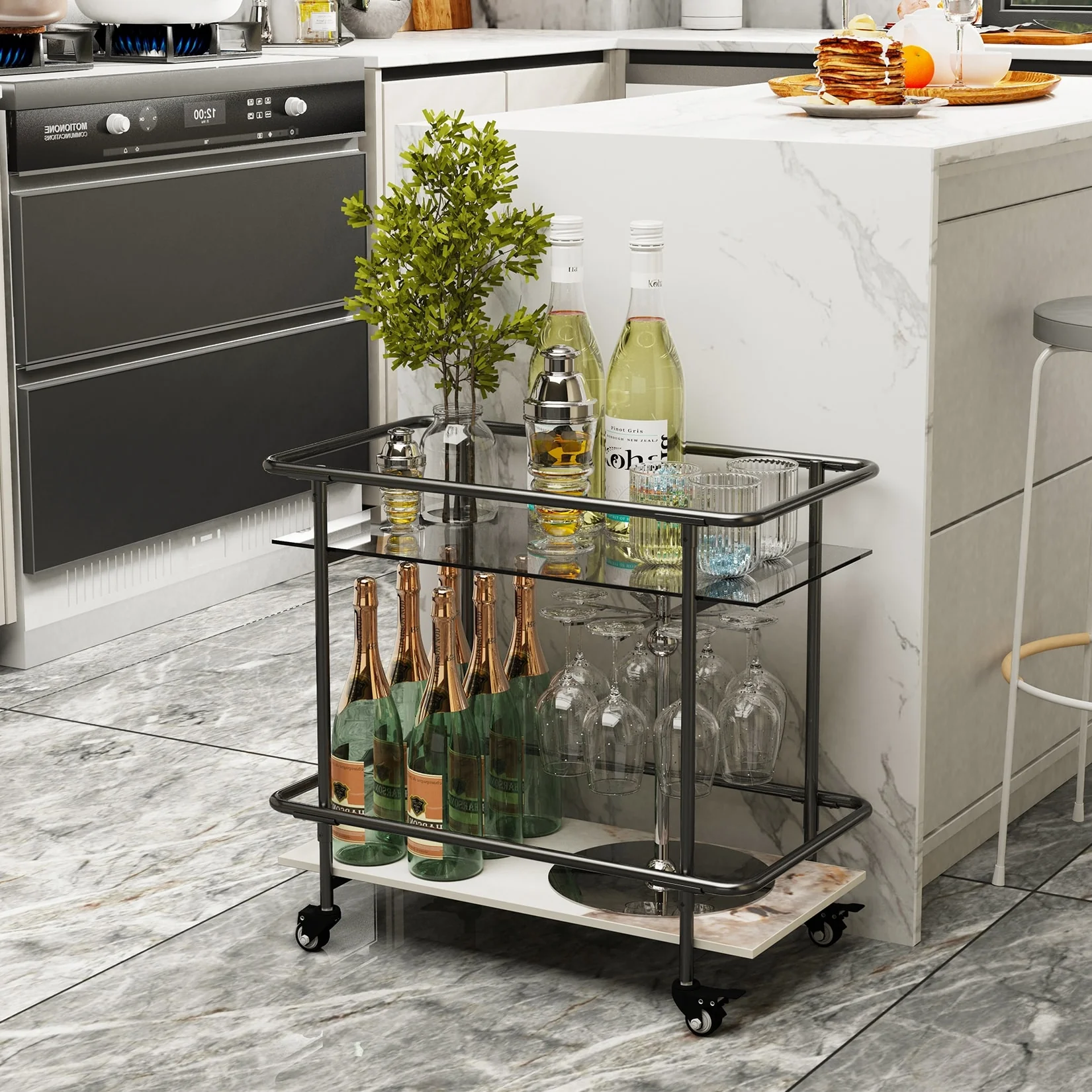 2 Tier Bar Carts with Wheels, Glass Top Sintered Stone Serving Table - 25.6x14x23.8 inch