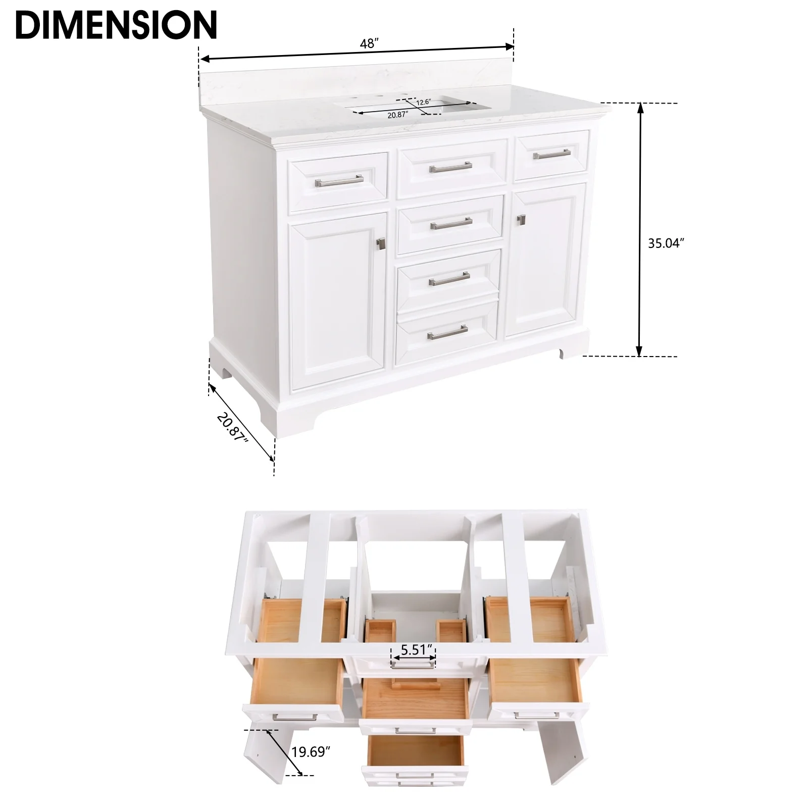 Prismarble Bathroom Vanity 48 in White with Marble Countertop & Backsplash