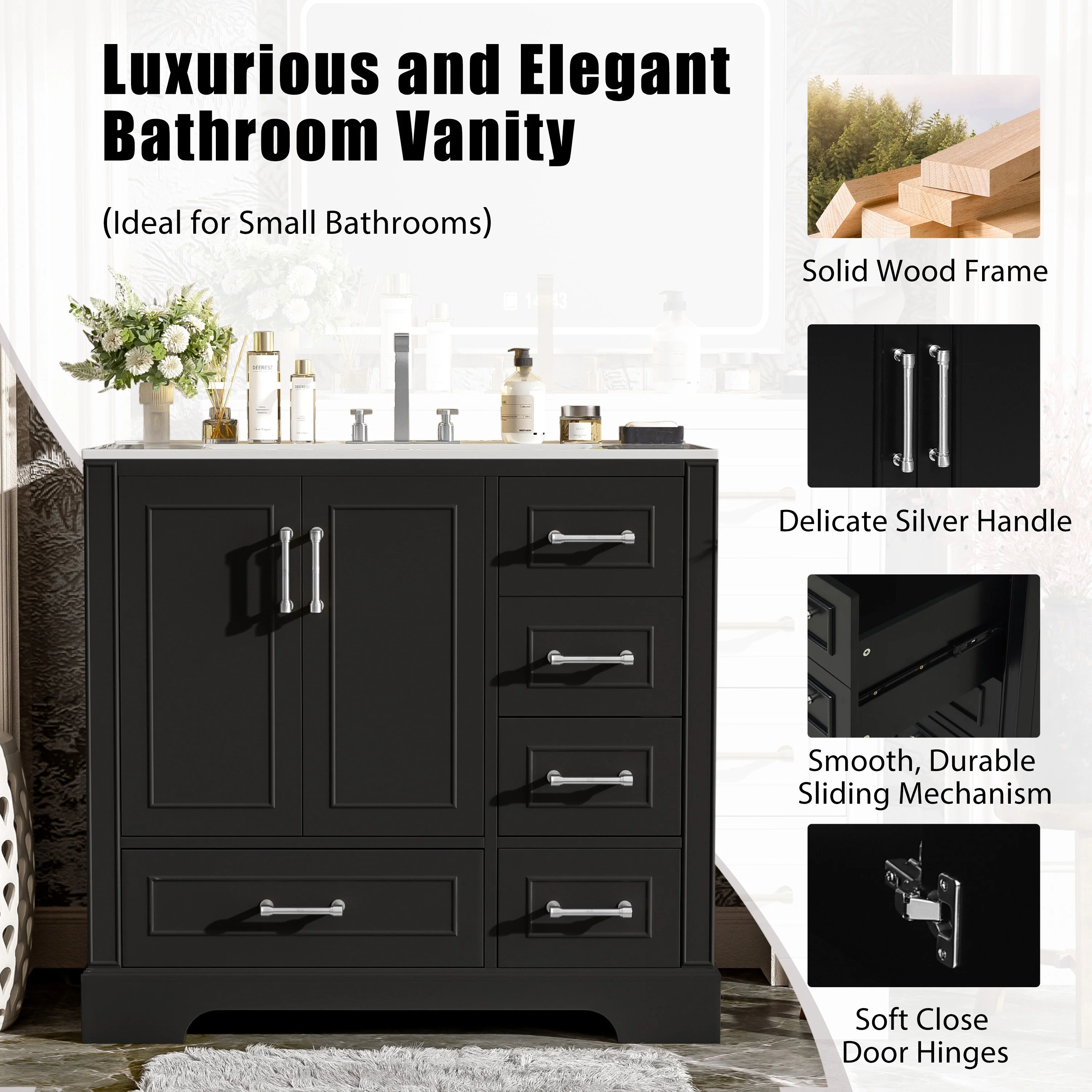 Bathroom Vanity with Resin Sink, Bathroom Vanity Set with 4 Drawers, Bathroom Storage Cabinet with 2 Soft Close Doors
