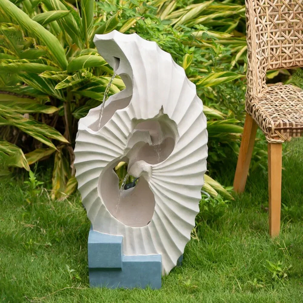 White Abstract Water Fountain with Blue Base with Light