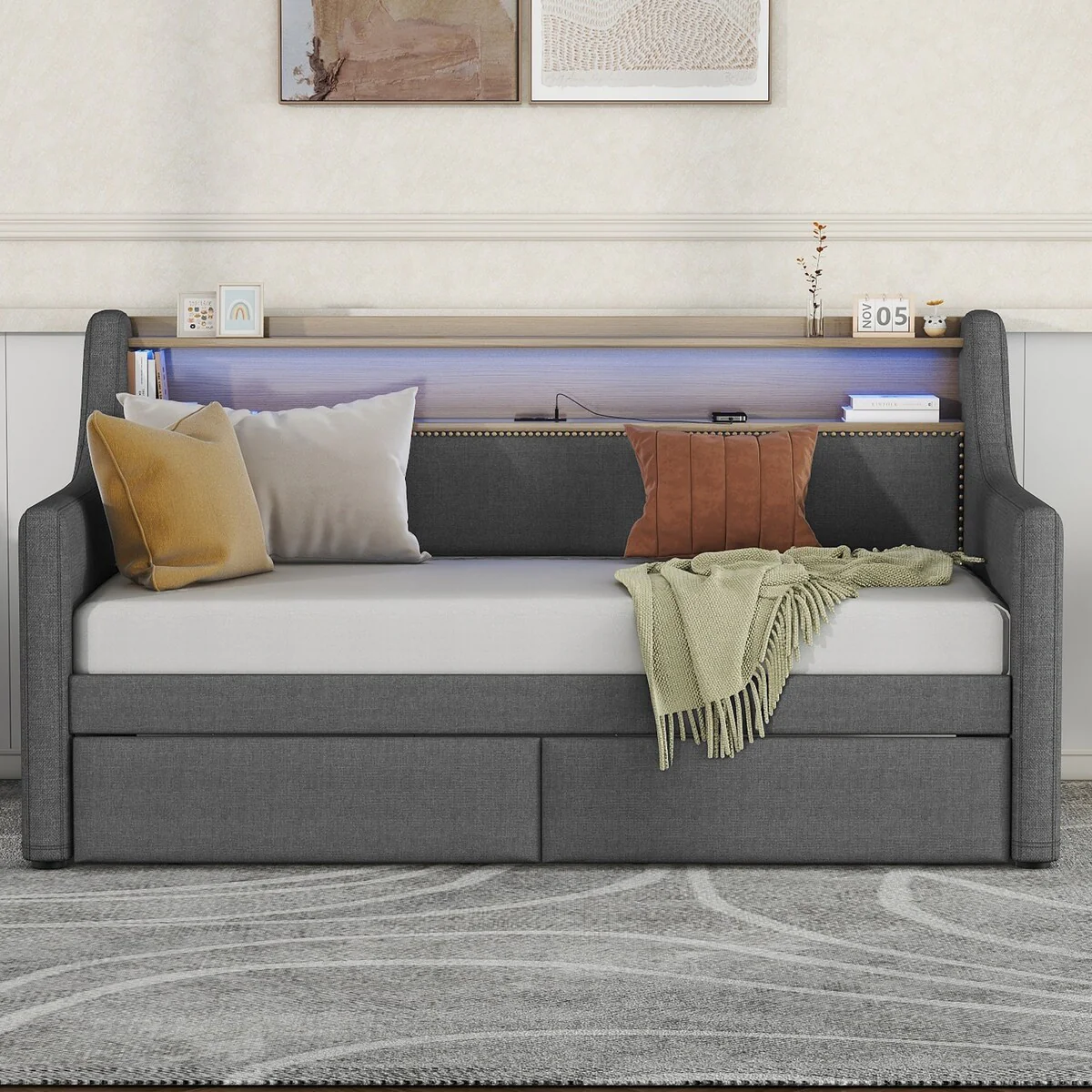 Twin Size Sofa with Storage Drawers,Upholstered Daybed with Charging Station and LED Lights