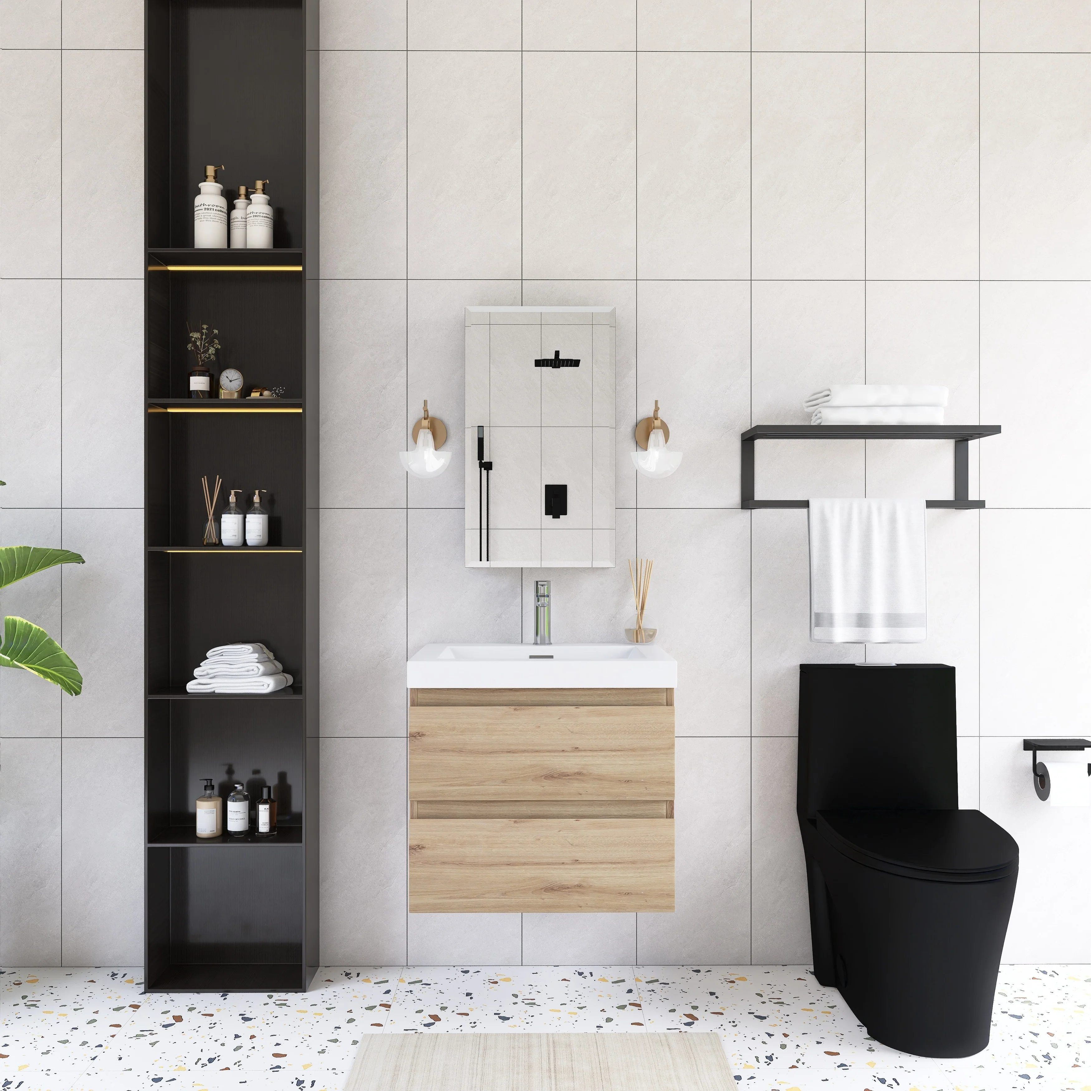Angela Wall Mounted Bathroom Vanity in F. Oak with White Cultured Marble Top