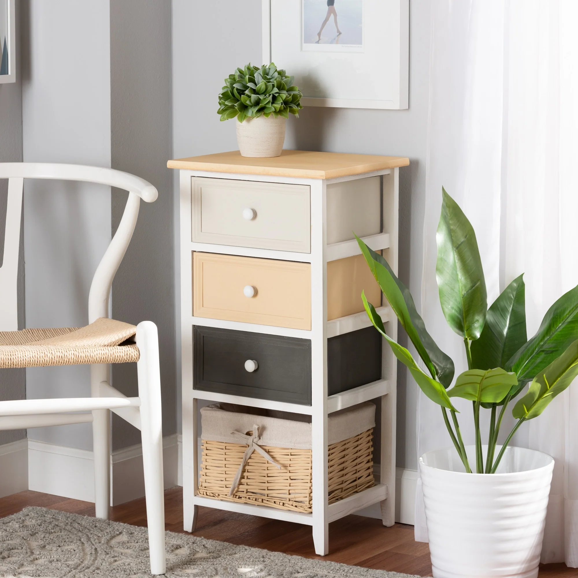 Adonis Transitional Multi-Colored Wood Storage Unit with Willow Basket