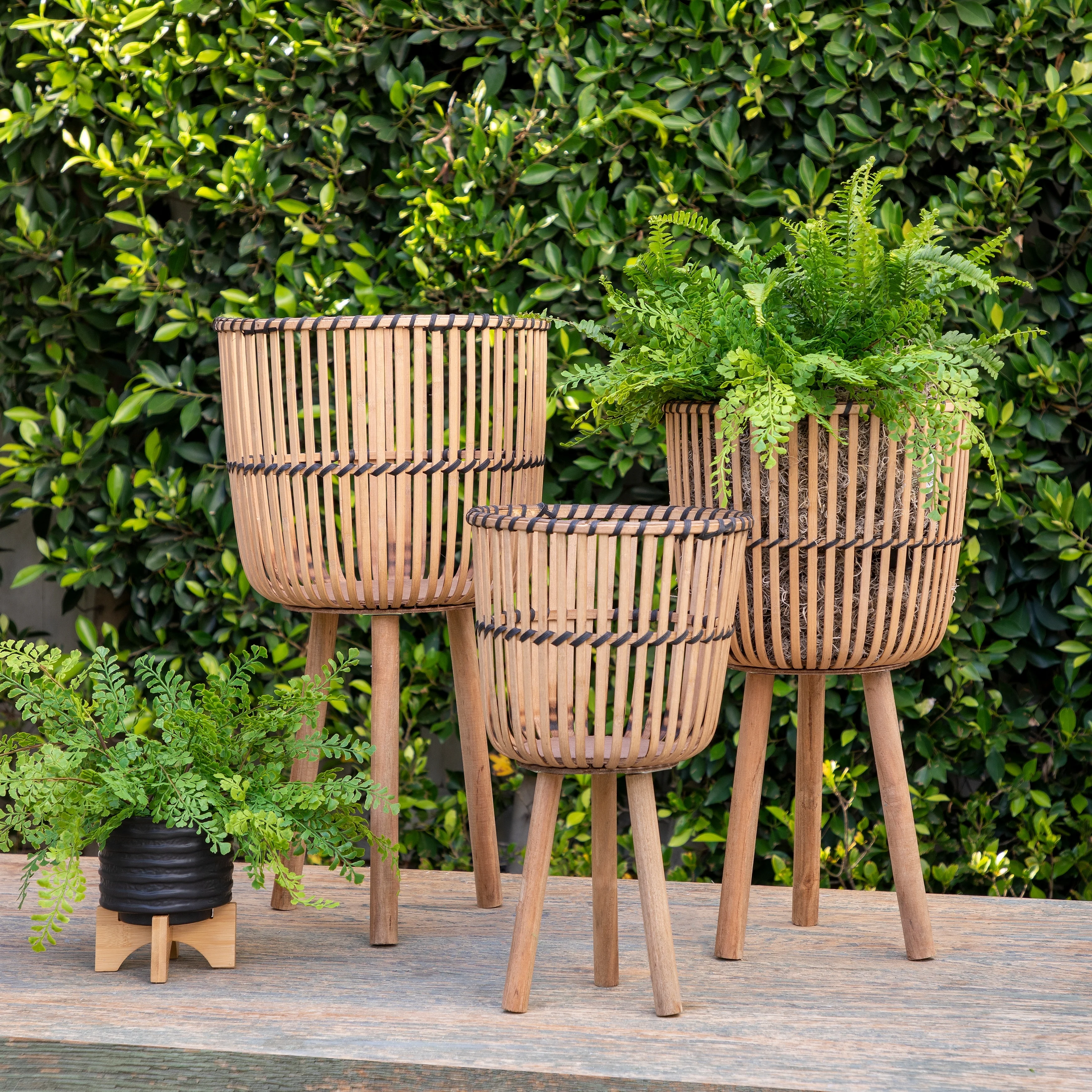 Sagebrook Home Wicker Modern Boho Bamboo Planter Set