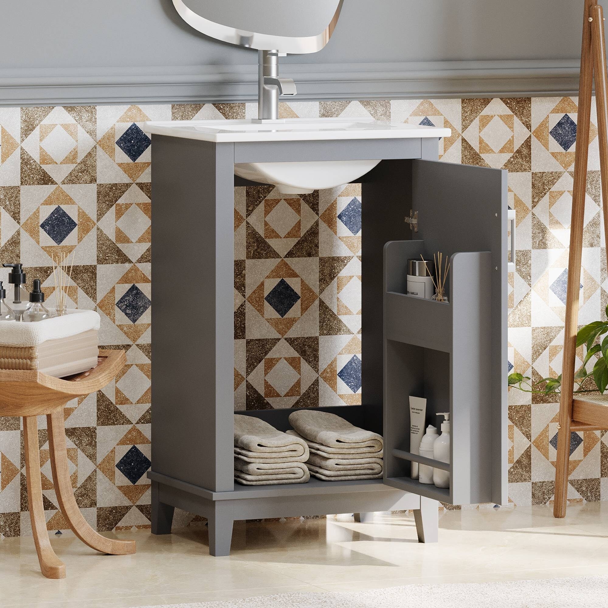 20 Inch Modern Bathroom Vanity with Ceramic Sink Small Space Cabinet