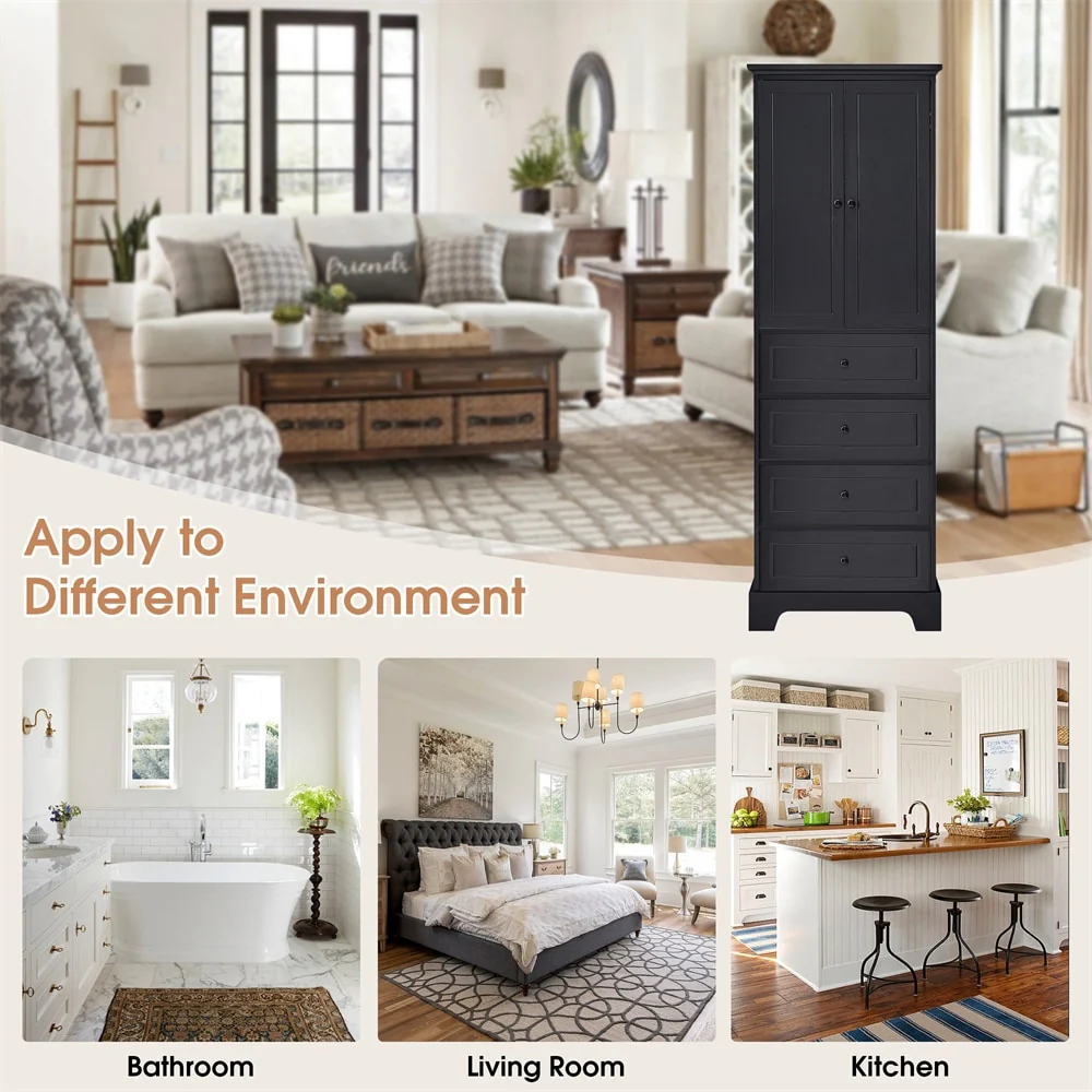 Wooden Storage Cabinet with 2 Doors and 4 Drawers, Adjustable Shelf
