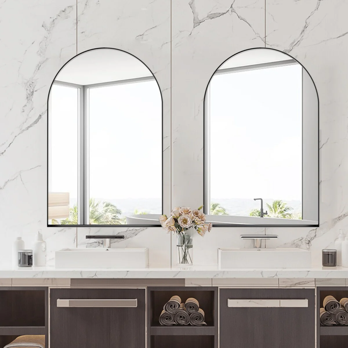 24x36 Inch Arched Recessed Medicine Cabinet, Metal Framed Bathroom Wall Storage Cabinet with Mirror and Adjustable Shelves