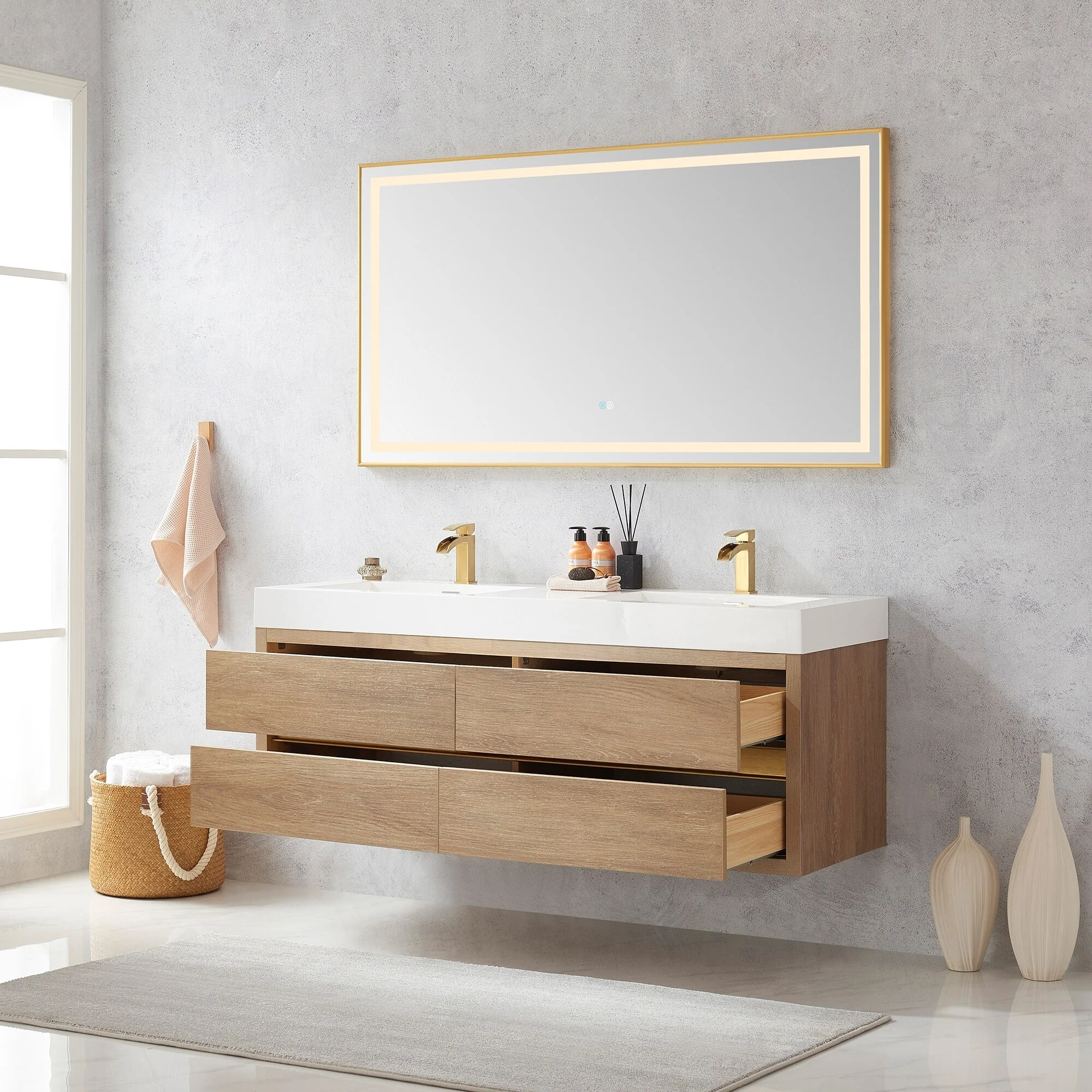 Palencia Double Floating Vanity with White Sink Top without Mirror - 60in.