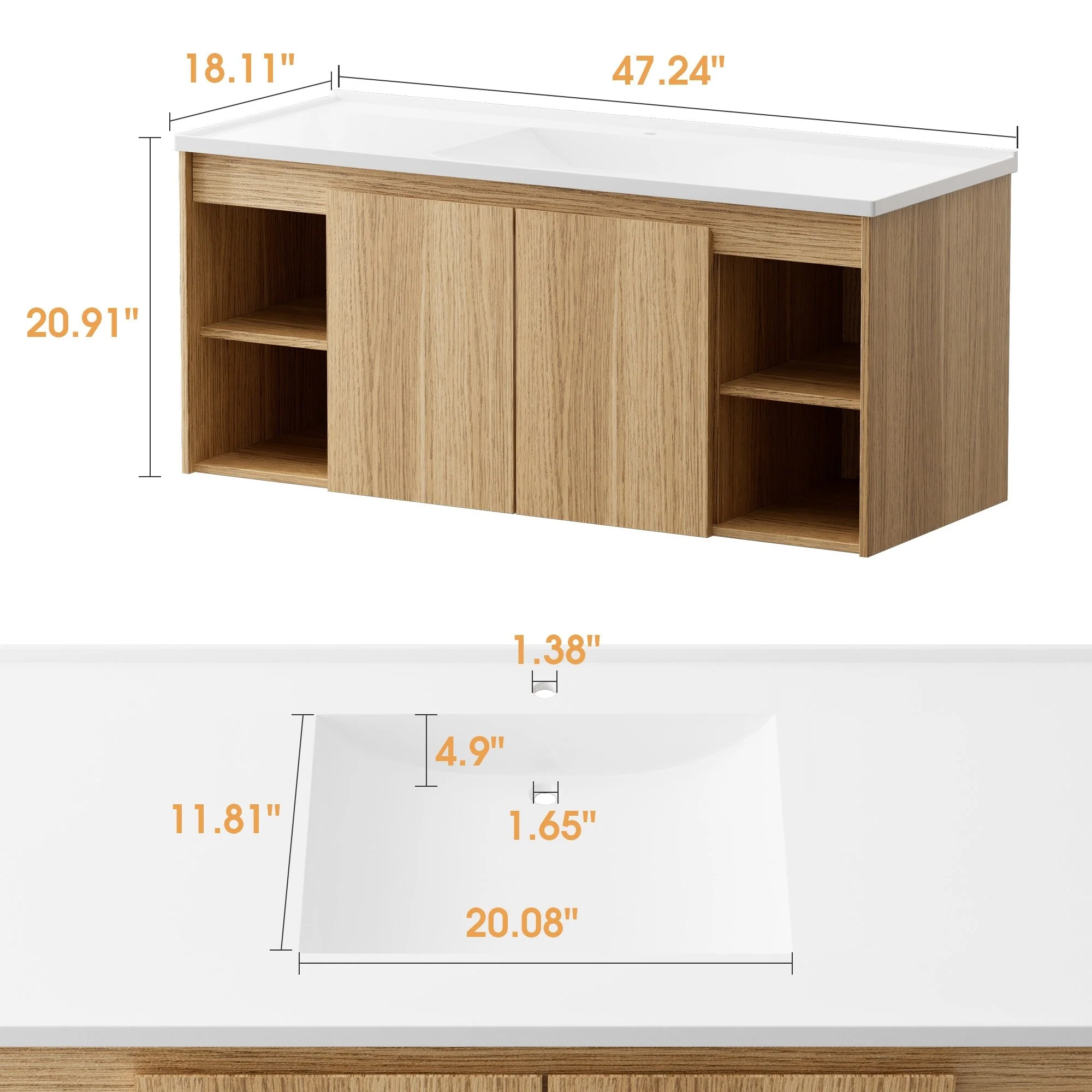 48-Inch Wall-Mounted Modern Bathroom Vanity with Single Sink – Sleek MDF Construction for Contemporary Spaces