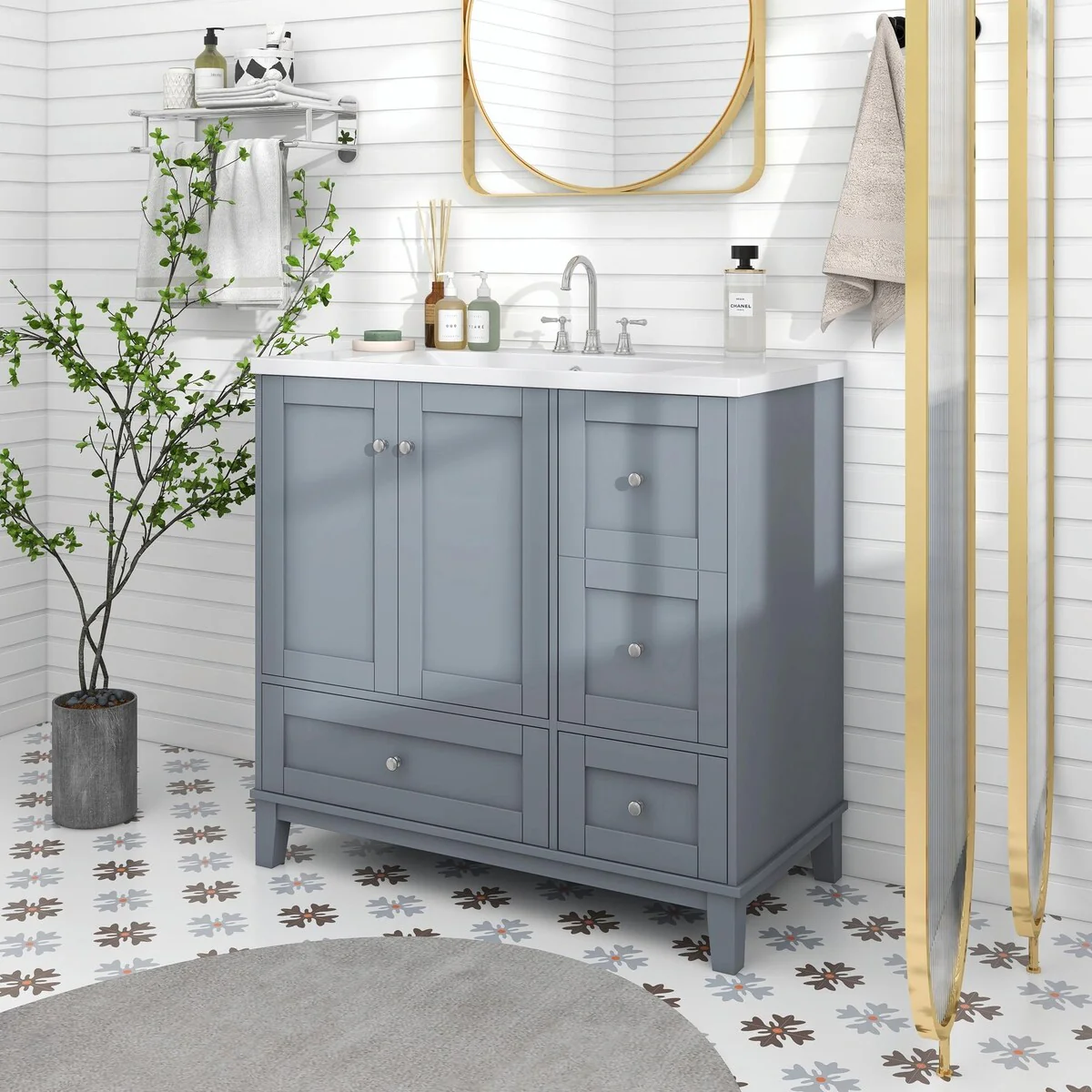 Modern 36-Inch Bathroom Vanity with Resin Sink and Ample Storage