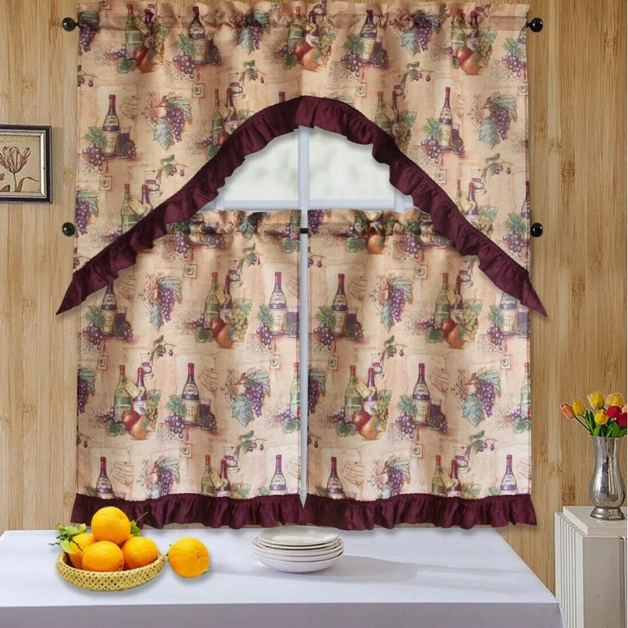 3 Piece Kitchen Curtain Rod Pocket Decorative Window Treatment Valance & Swag Curtain Set