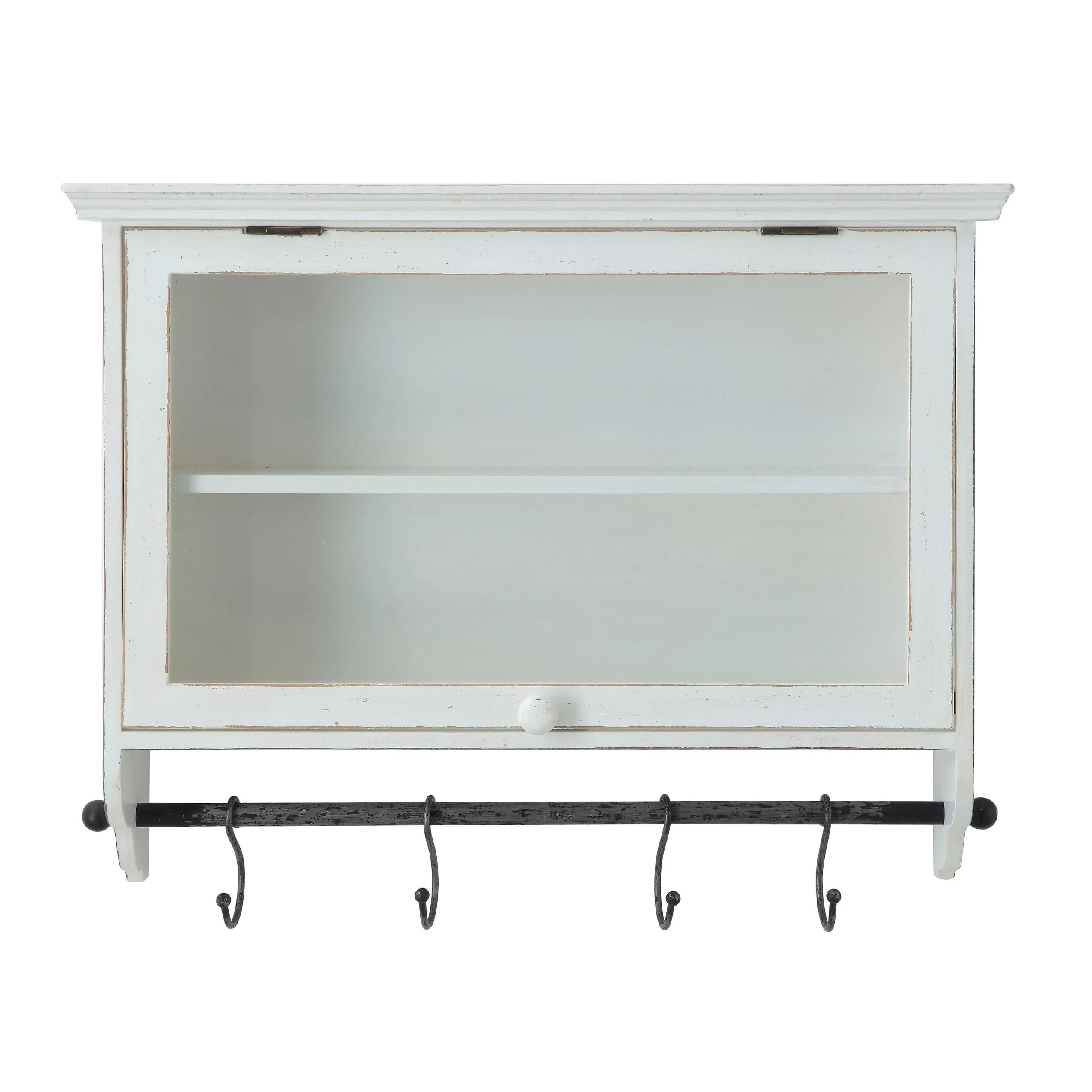 Wood and Glass Wall Cabinet with Hooks