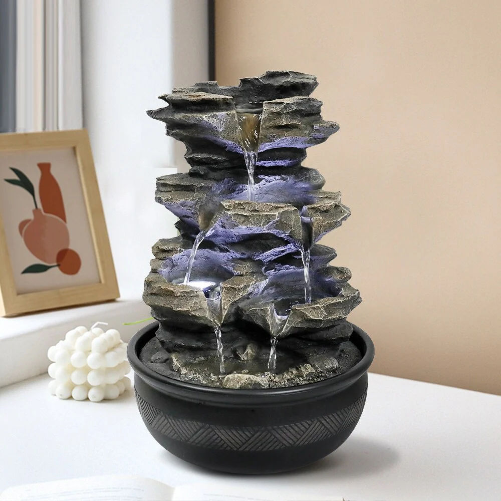 15.7in 4-Tier Cascading Rock Falls Tabletop Water Fountain w/LED Light