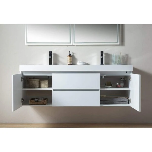 Vanity Art 60-Inch Double Sink Wall Hung Bathroom Vanity Set White Stone Top Glossy Finish with Sensor Switch