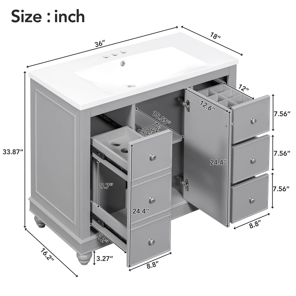 36 in. W Freestanding Bath Vanity with White Resin Sink,4 Drawers and 1 Door