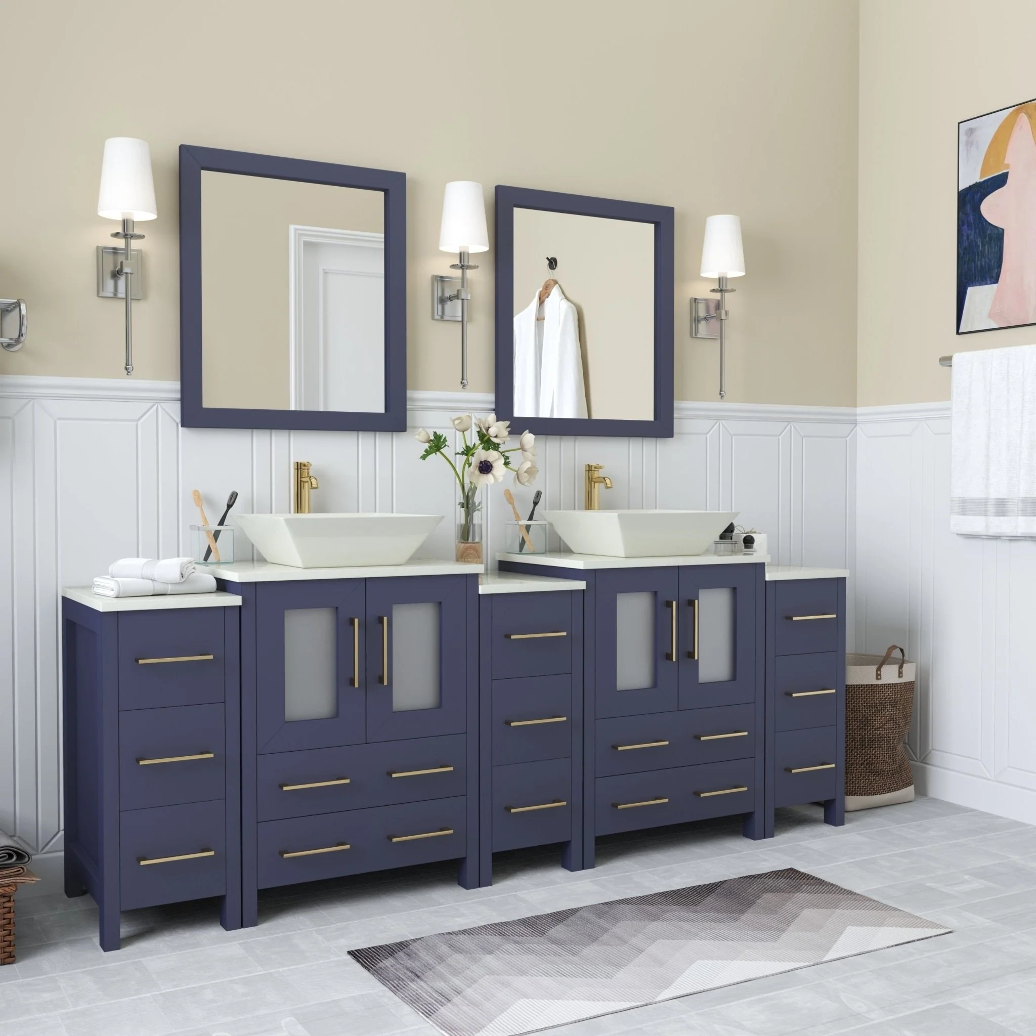 Vanity Art 84-Inch Double Sink Bathroom Vanity Set with Engineered Marble Top and Free Mirror - 84 W X 18.5 D X 31.1 H