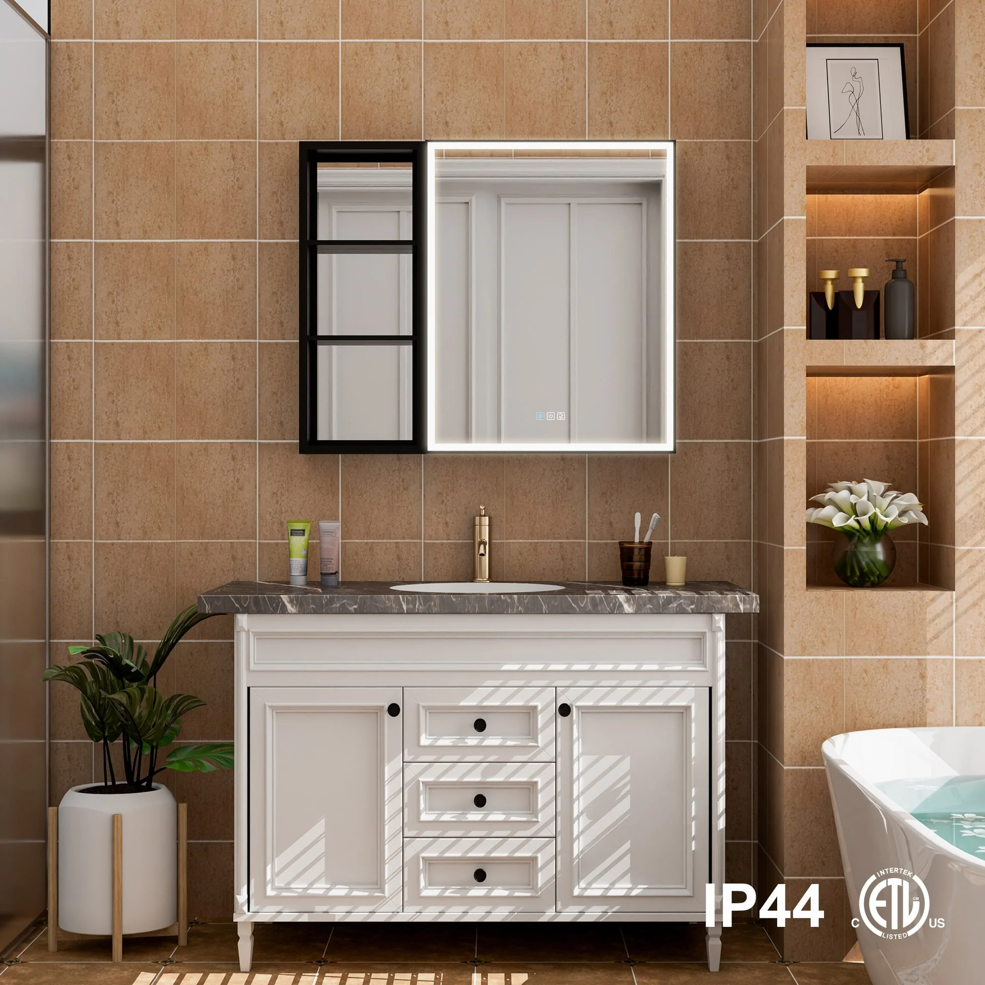 30 in. H Recessed or Surface Wall Mounted LED Mirror Cabinet With Black Side Cabinet