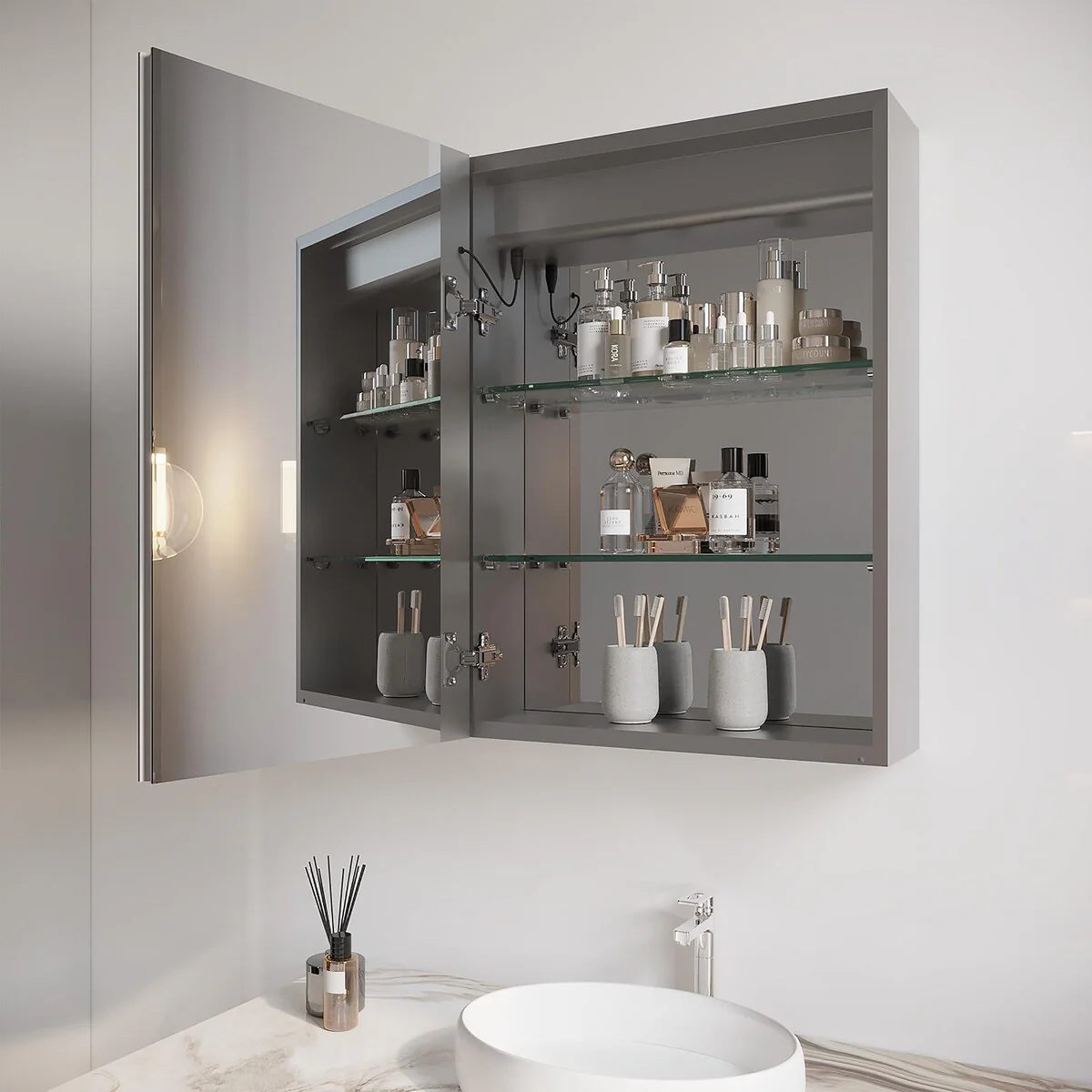 Bathroom Medicine Cabinet with Mirror Wall Mounted LED Bathroom Mirror Cabinet with Lights, Anti-Fog,Storage Shelves