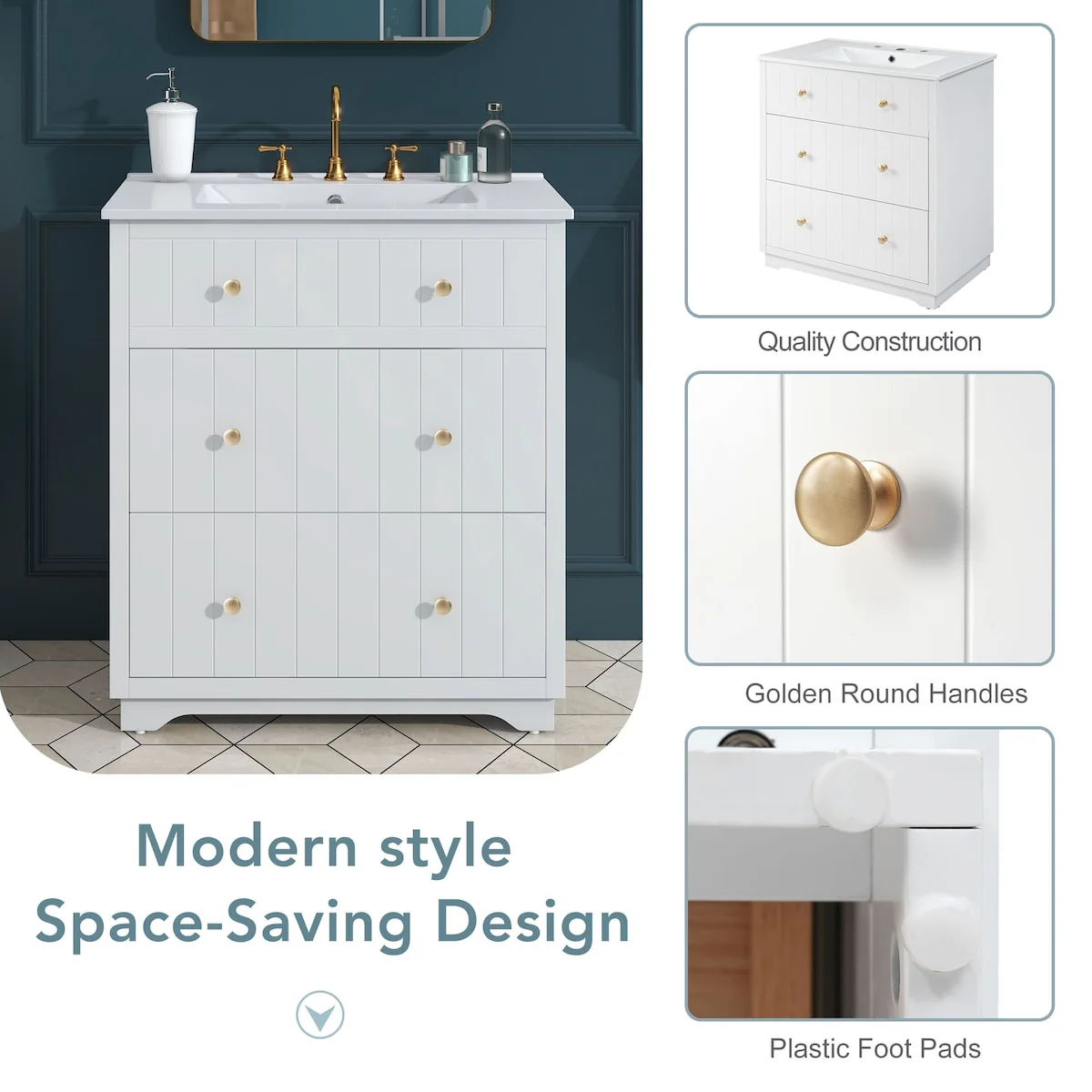 30-Inch Modern White Bathroom Vanity Cabinet with two drawers