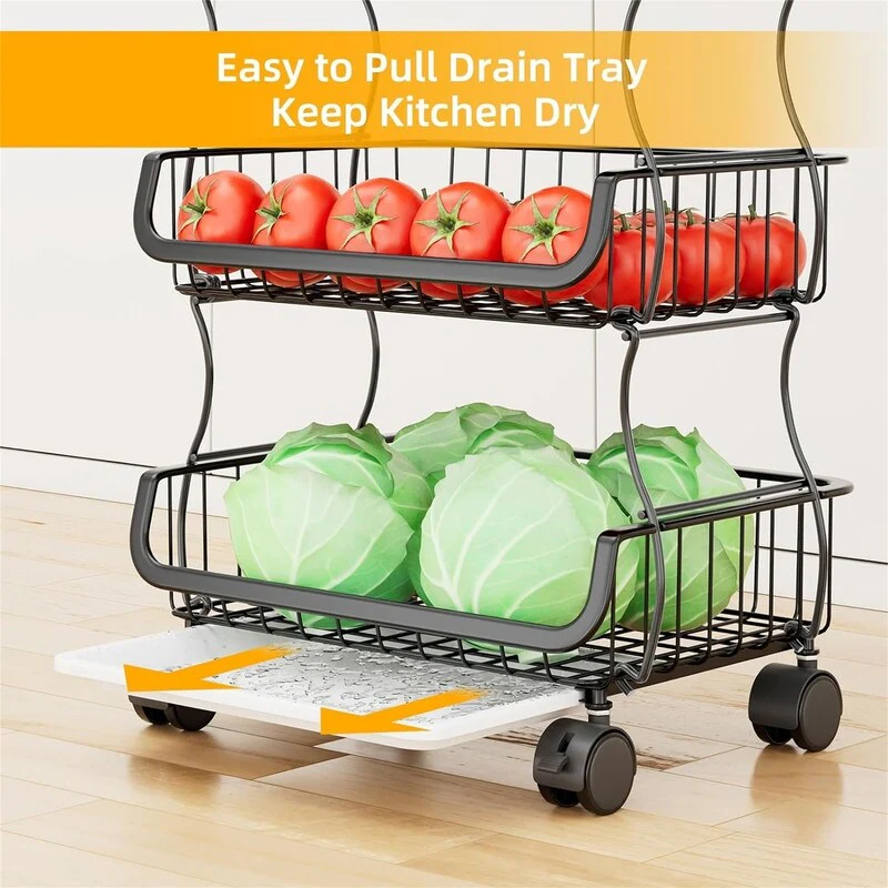 6 Tier Rolling Cart Stackable Fruit Vegetable Basket with Wheels and 2 Hanging Basket - 11.75