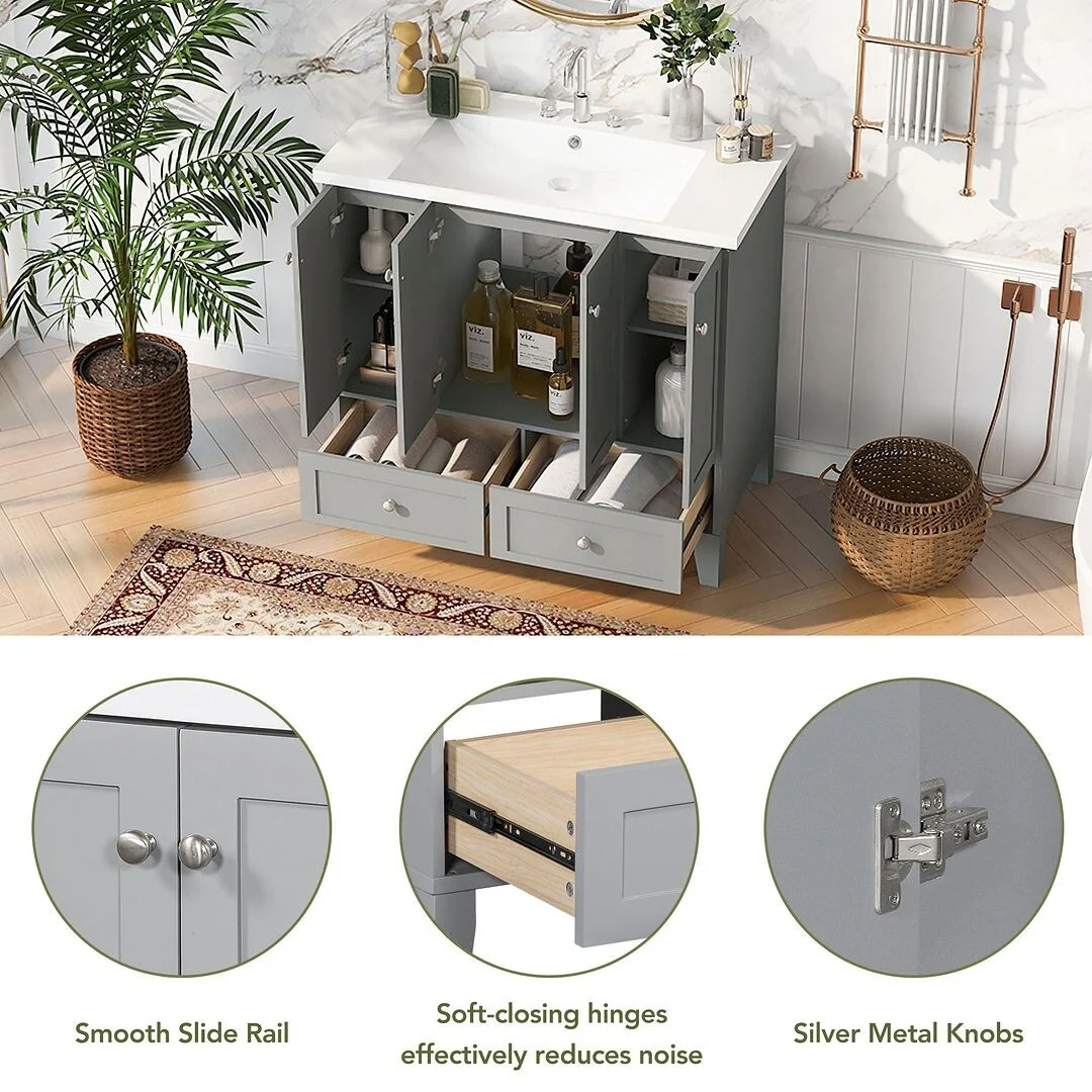 36'' Bathroom Vanity with Sink Set, Solid Wood Frame Bathroom Storage Cabinet, Freestanding Vanity Set