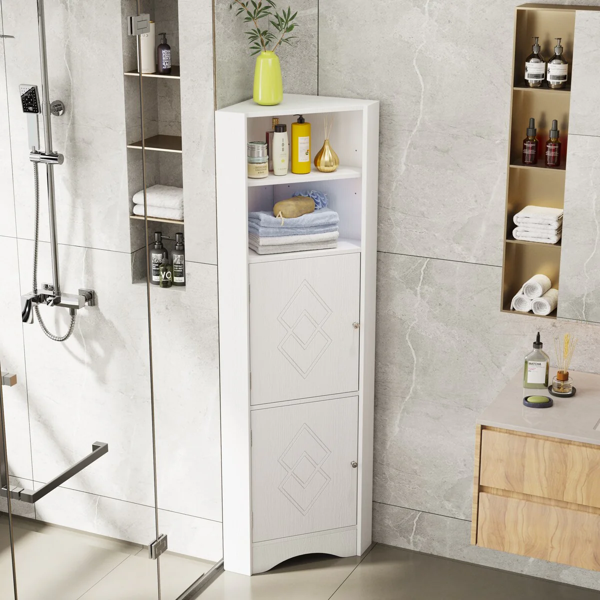 Bathroom Corner Cabinet with Doors and Adjustable Shelves