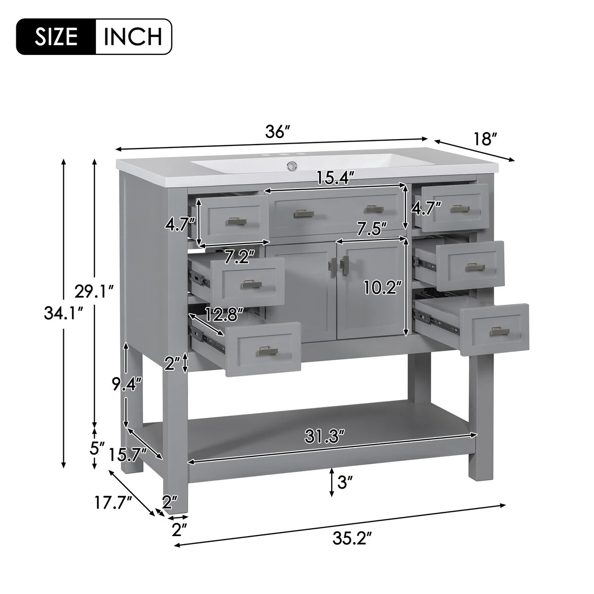 36'' Bathroom Vanity Modern Bathroom Storage Cabinet with 6 Drawers