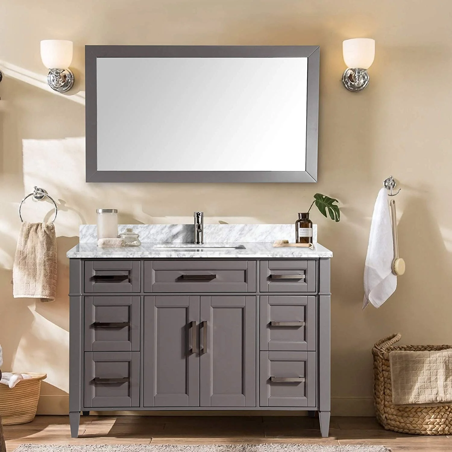 Vanity Art 60-Inch Single Sink Bathroom Vanity Set Carrara Marble Stone Top 7 Drawers 1 Shelf Undermount Sink with Free Mirror