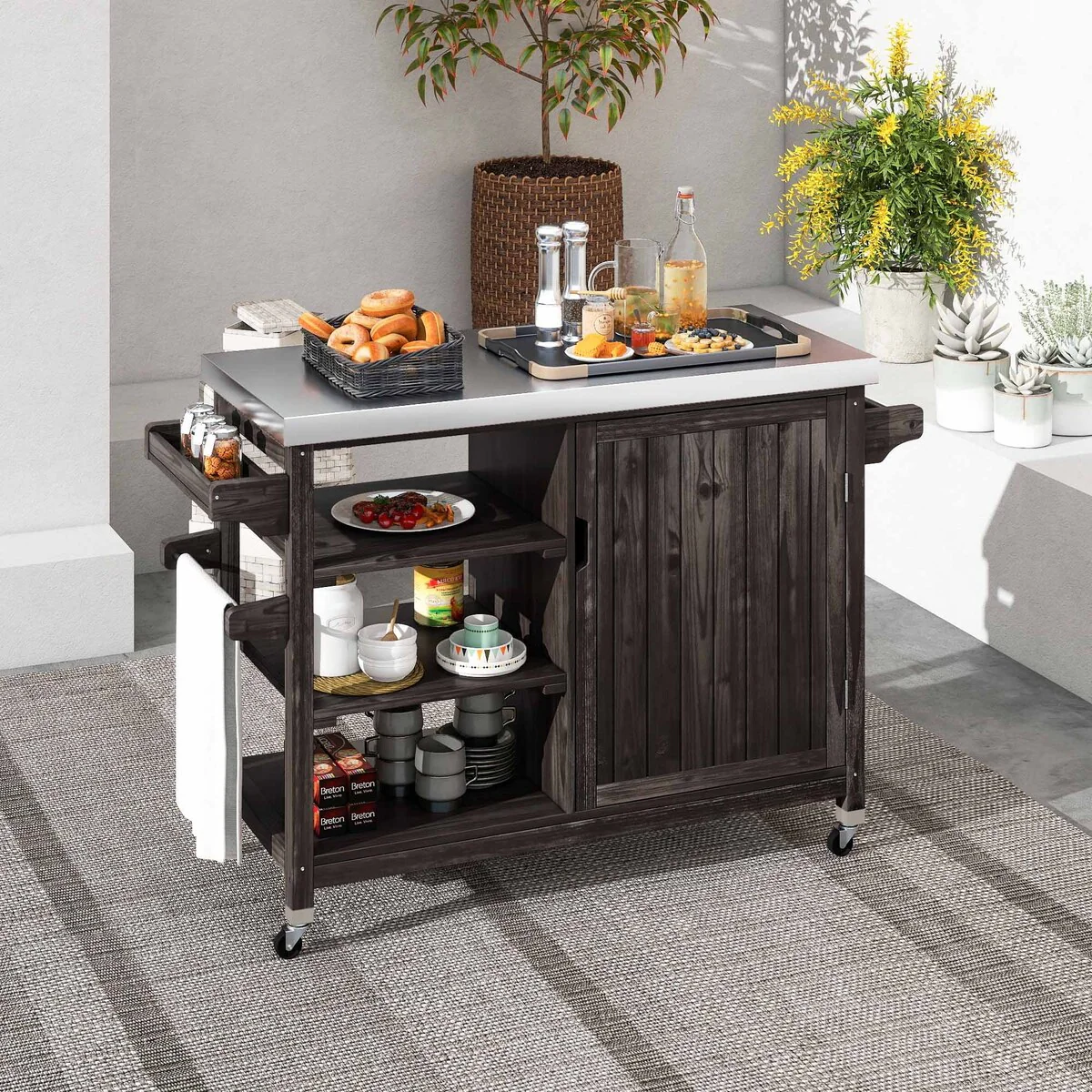 Moasis Outdoor Kitchen Island Rolling Trolley Cart with Stainless Steel Tabletop