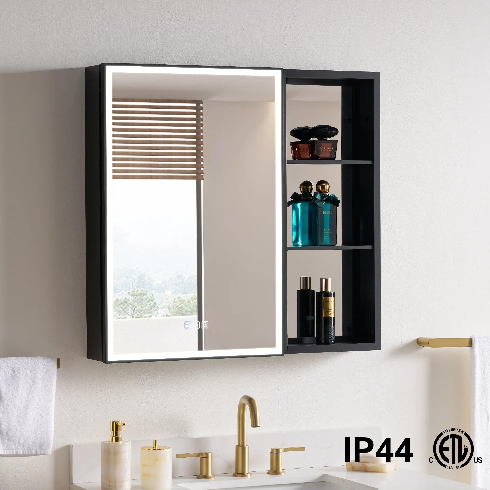 30 in. H Recessed or Surface Wall Mounted LED Mirror Cabinet With Black Side Cabinet