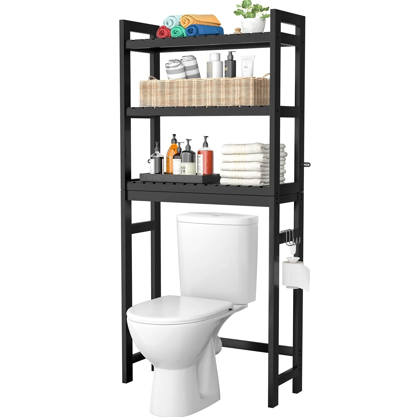 Over The Toilet Storage Shelf, Bamboo 3-Tier Above Toilet Storage Rack with 3 Hooks