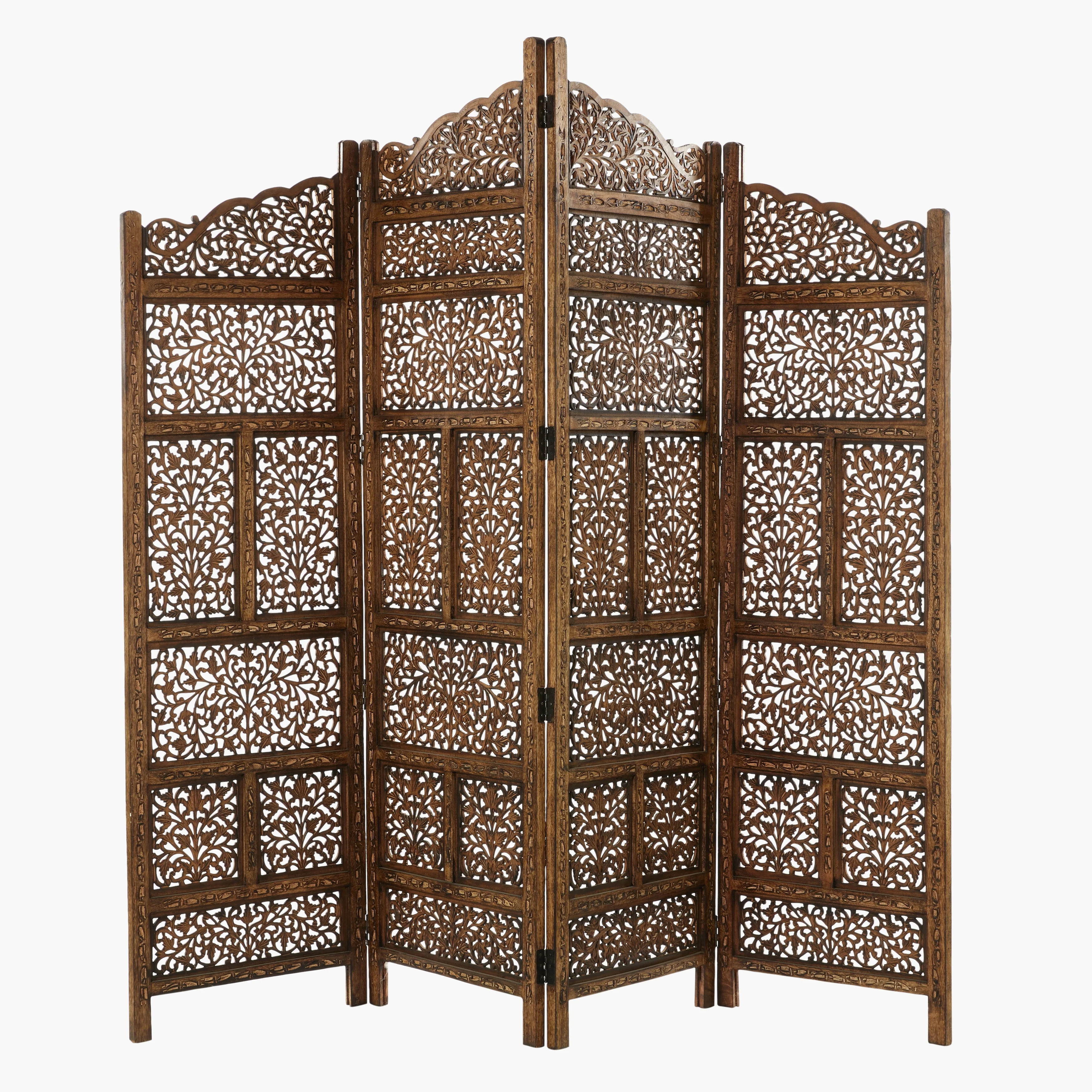 Hand Carved Fold-able 4-Panel Wooden Partition Screen/ Room Divider, Brown