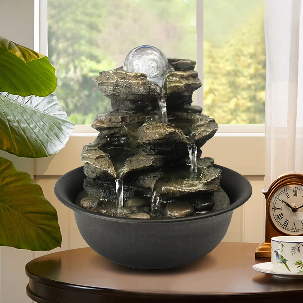 8.3-inch H 4-Tier Cascading Rock Falls Tabletop Water Fountain w/Light