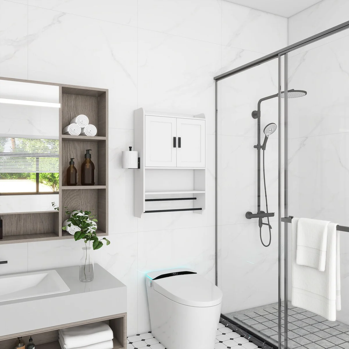 Bathroom Wall Cabinet with Doors,Adjustable Shelf,Towel Bar and Paper Holder,Over The Toilet Storage Cabinet,Medicine Cabinet