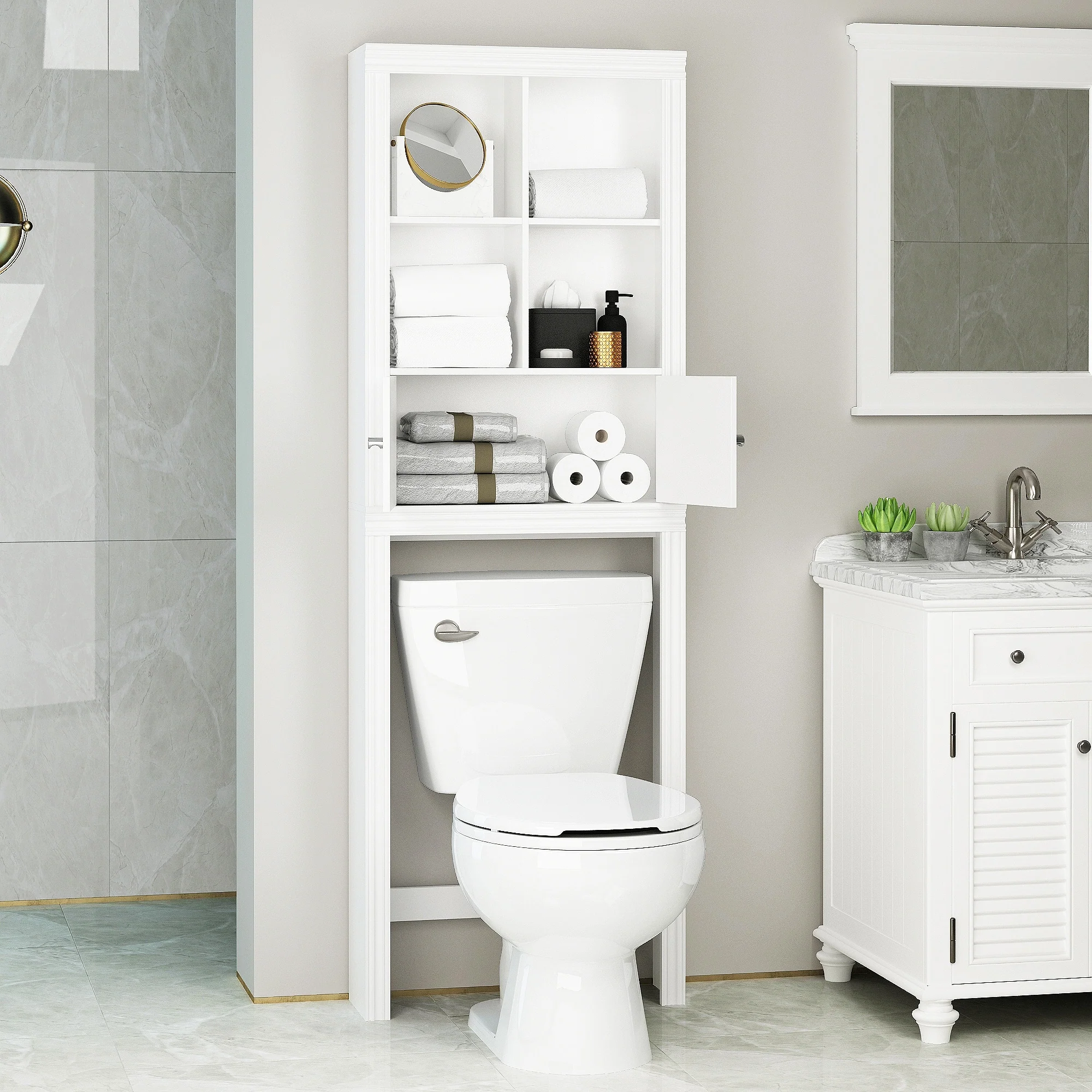 Spirich Home Bathroom Shelf Over The Toilet with 4 Cubbies, Bathroom Cabinet Organizer Over Toilet, Space Saver Cabinet Storage